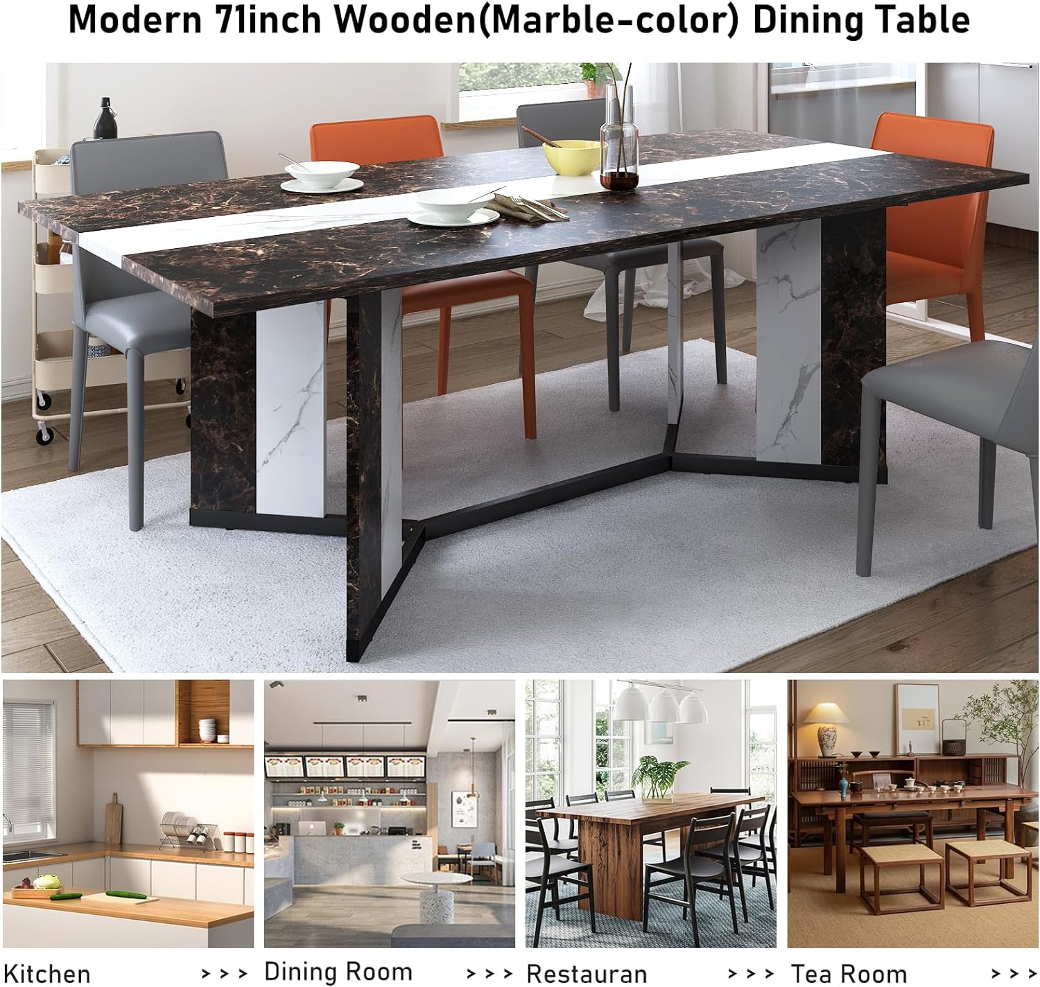 71 inch Large Rectangular Dining Table for 6-8 People, Dining Table with Marble-Color Wood Waterproof Tabletop and Adjustable Leg, 6ft Luxurious Family Dinner Table for Office Kitchen Living Room