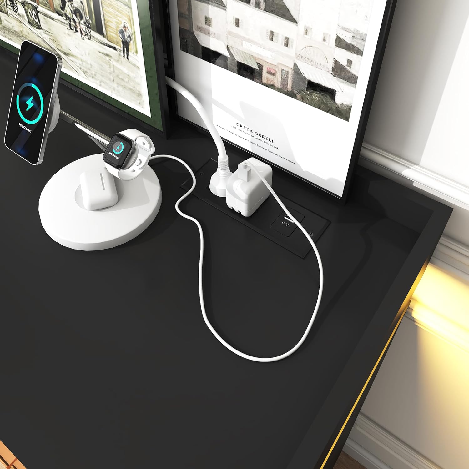 ANPOO 6 Drawer Dresser with Charging Station and LED Lights, Modern Wood Dresser with Wide Drawers and Metal Handles for Bedroom, Living Room