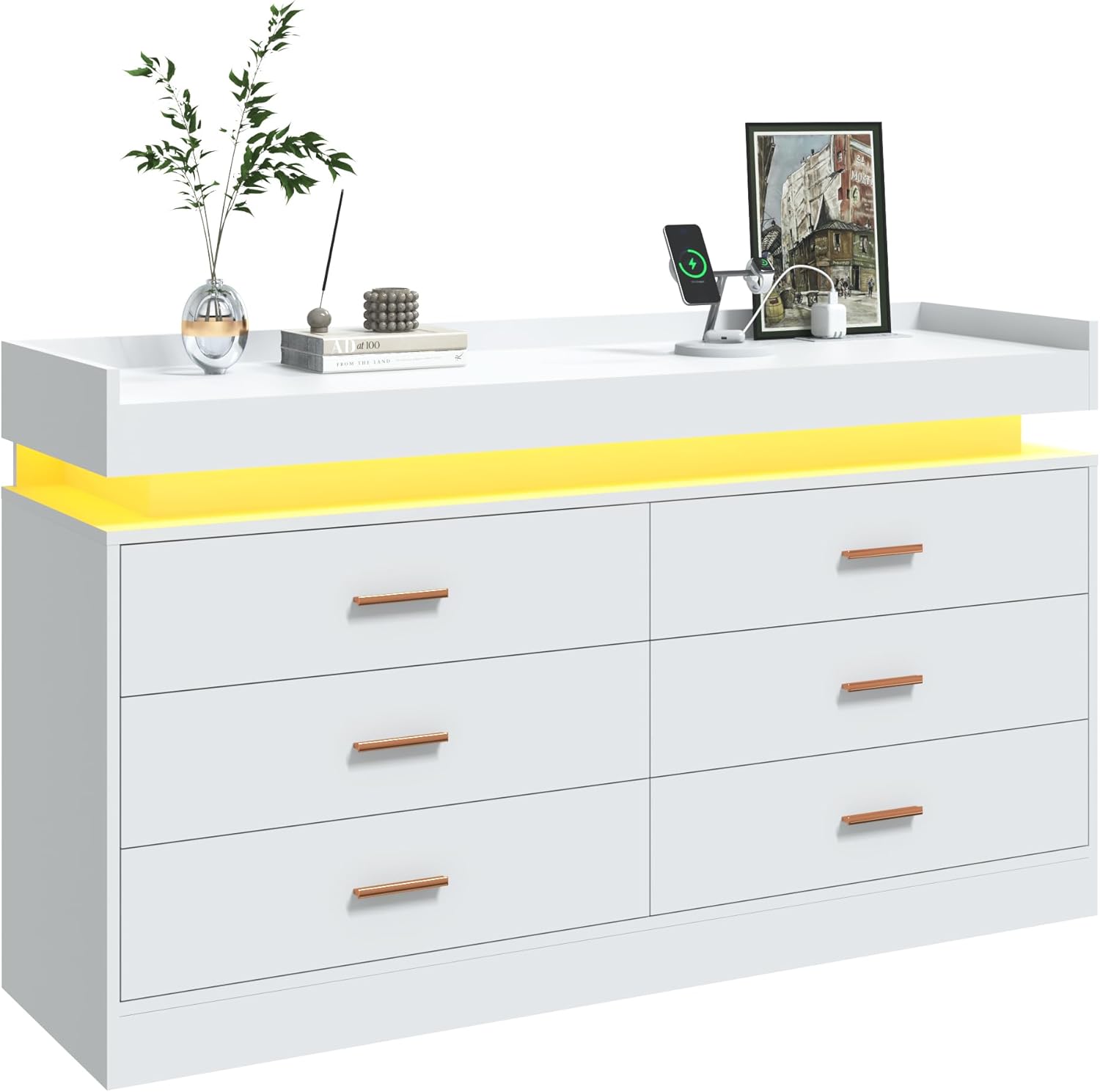 ANPOO 6 Drawer Dresser with Charging Station and LED Lights, Modern Wood Dresser with Wide Drawers and Metal Handles for Bedroom, Living Room