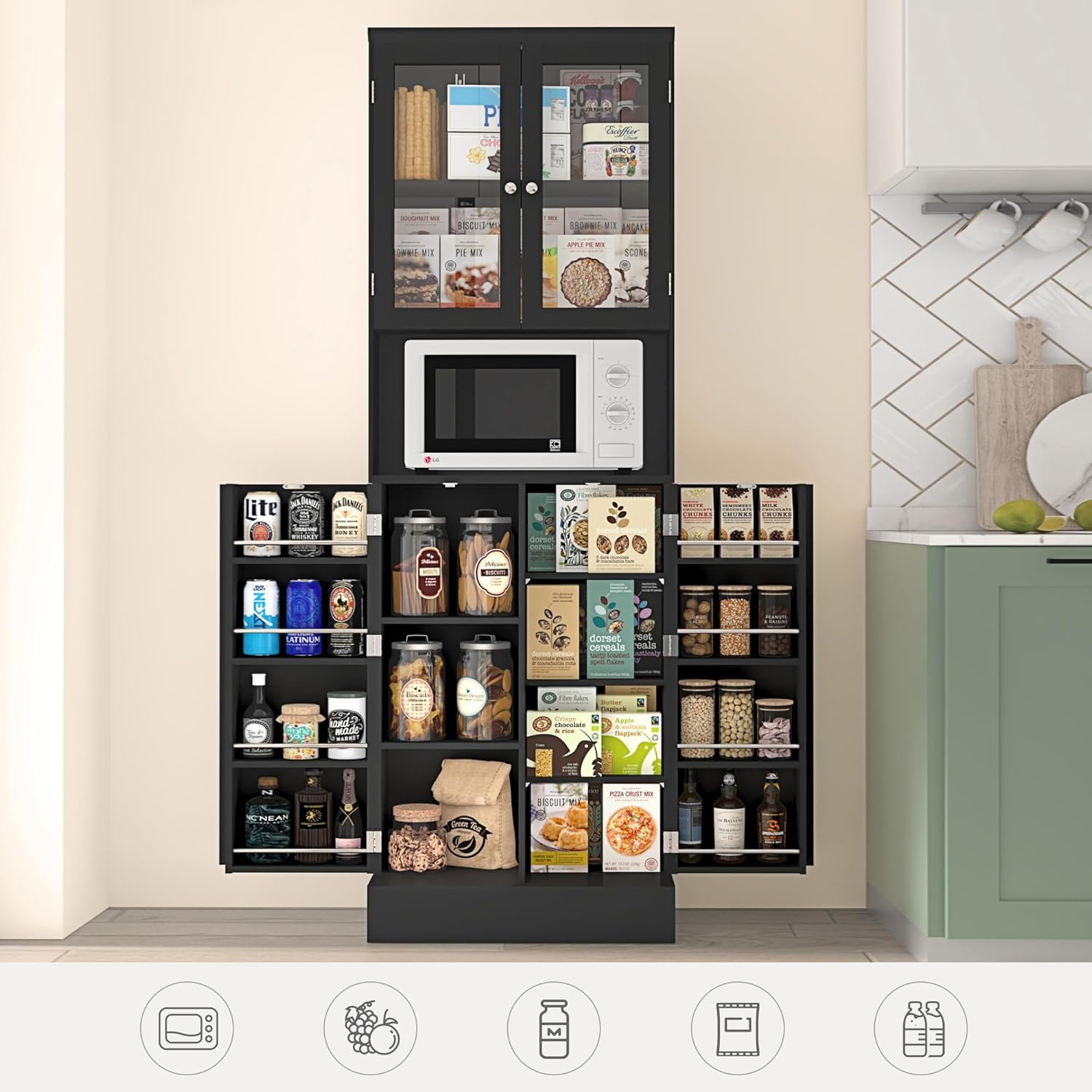 ChVans 71" Tall Pantry Cabinet, Storage Cabinet with Glass Doors and Microwave Stand, Freestanding Kitchen Hutch Food Pantry Cabinet with Adjustable Shelves for Kitchen Dining, Living Room