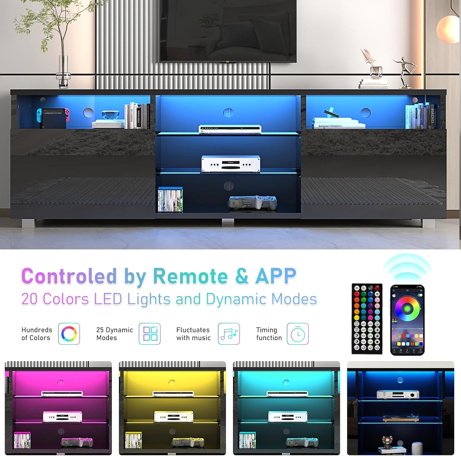 ANPOO LED TV Stand for 70/75/80 inch TV, High Glossy Entertainment Center with Drawer and Led Lights, Media Console for Living Game Room Bedroom