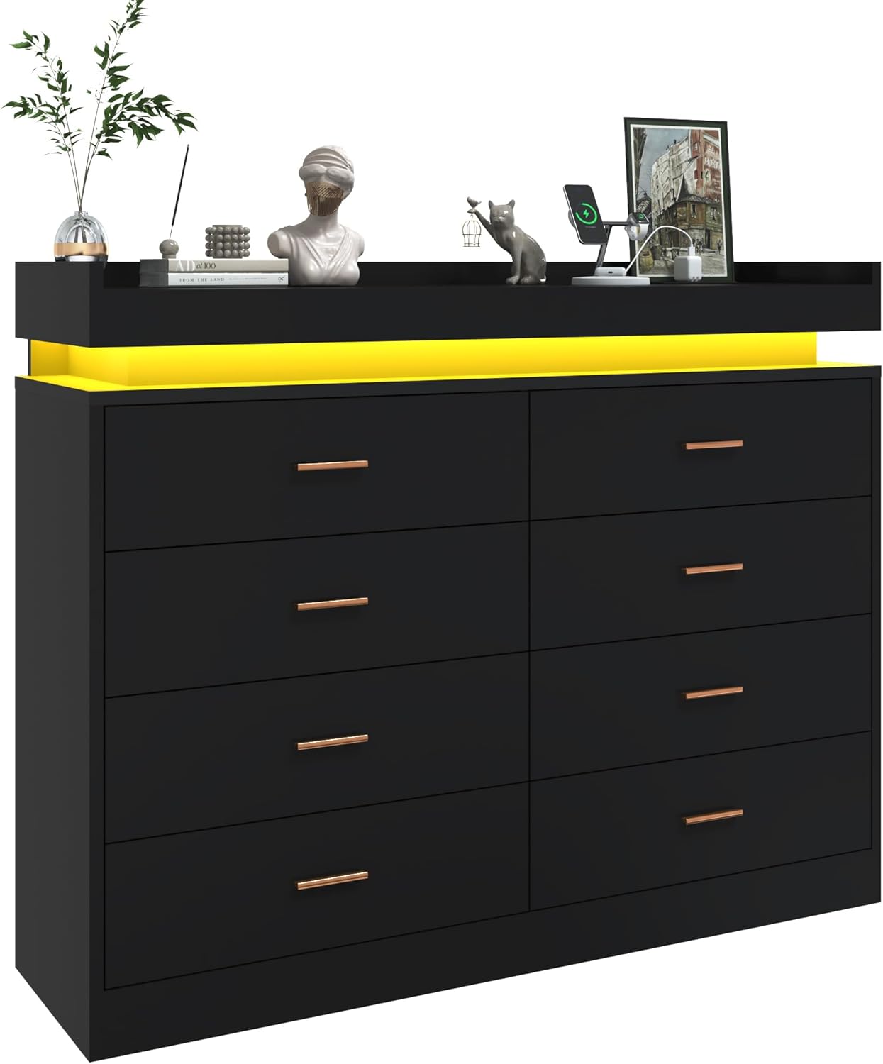 ANPOO 8 Drawer Dresser with Charging Station and LED Lights, Modern Wood Dresser with Wide Drawers and Metal Handles for Bedroom, Living Room