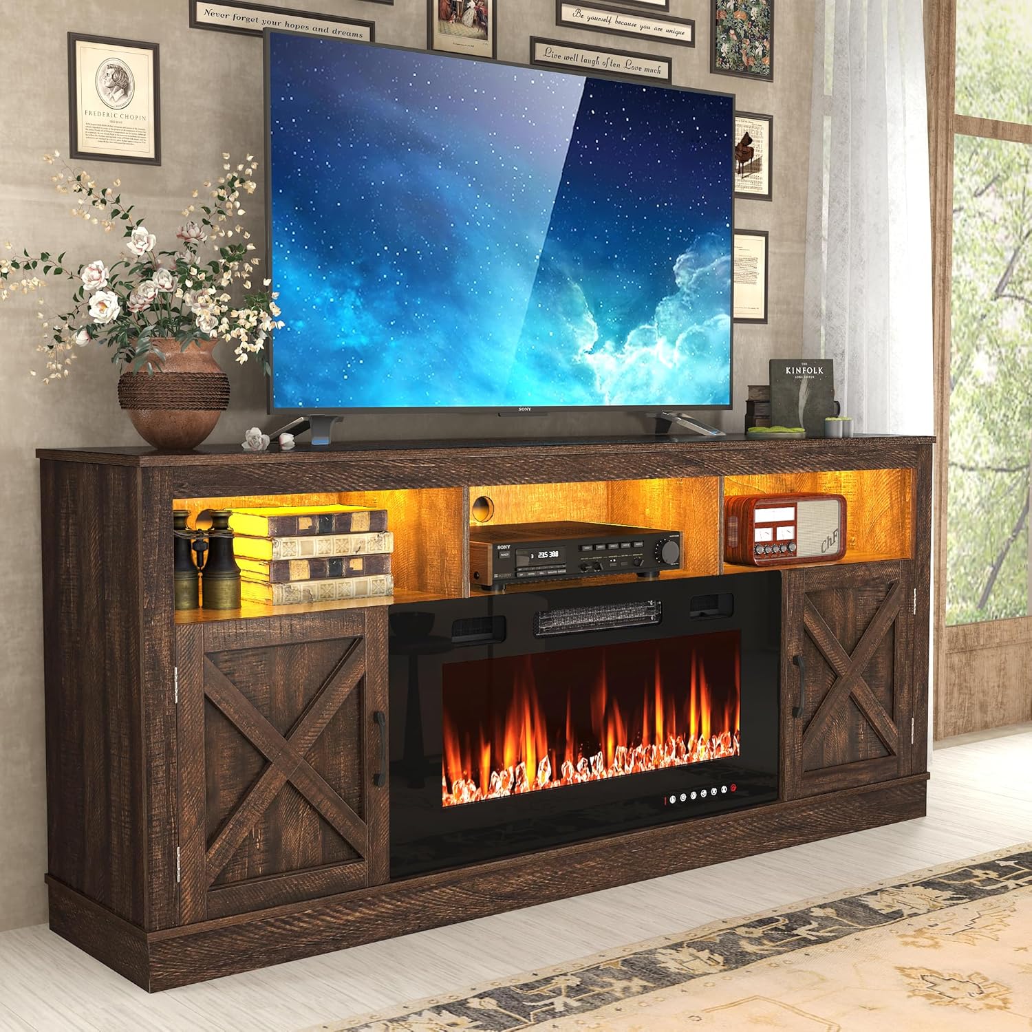 Fireplace TV Stand for 70/75/80 Inch TV with 36" Electric Fireplace, 70" Farmhouse Entertainment Center with LED Lights, Tall Media Console with Barn Door for Living Room, Bedroom