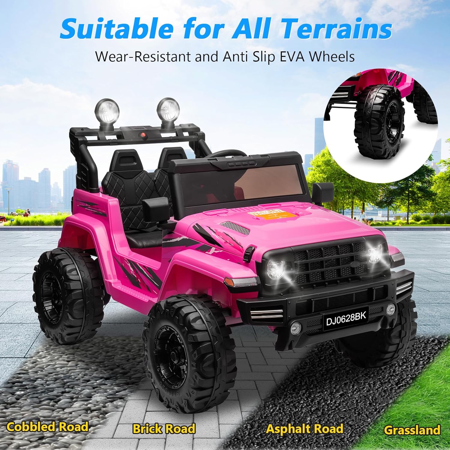 24V Kids Electric Ride on Car, 2-Seat Battery Powered Toy with LED Lights and Remote Control, Battery Powered Wheels Truck with USB Ports, MP3 Player, for Boys, Girls