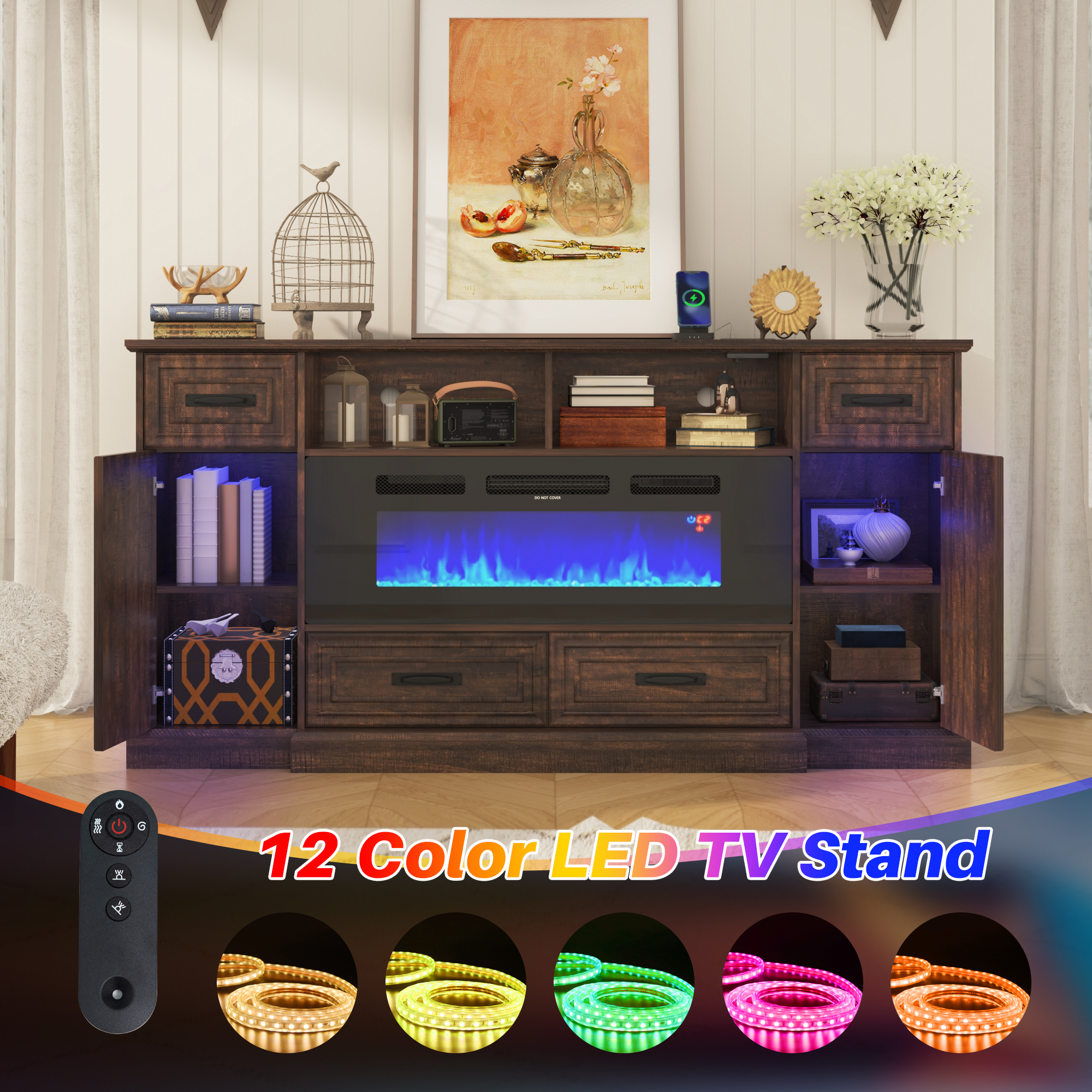 ChVans Farmhouse Fireplace TV Stand for 80" TV, Entertainment Center with 40'' Electric Fireplace & LED Lights, Modern Media Console with Storage Drawers & Cabinets & Power Outlets, Antique Brown