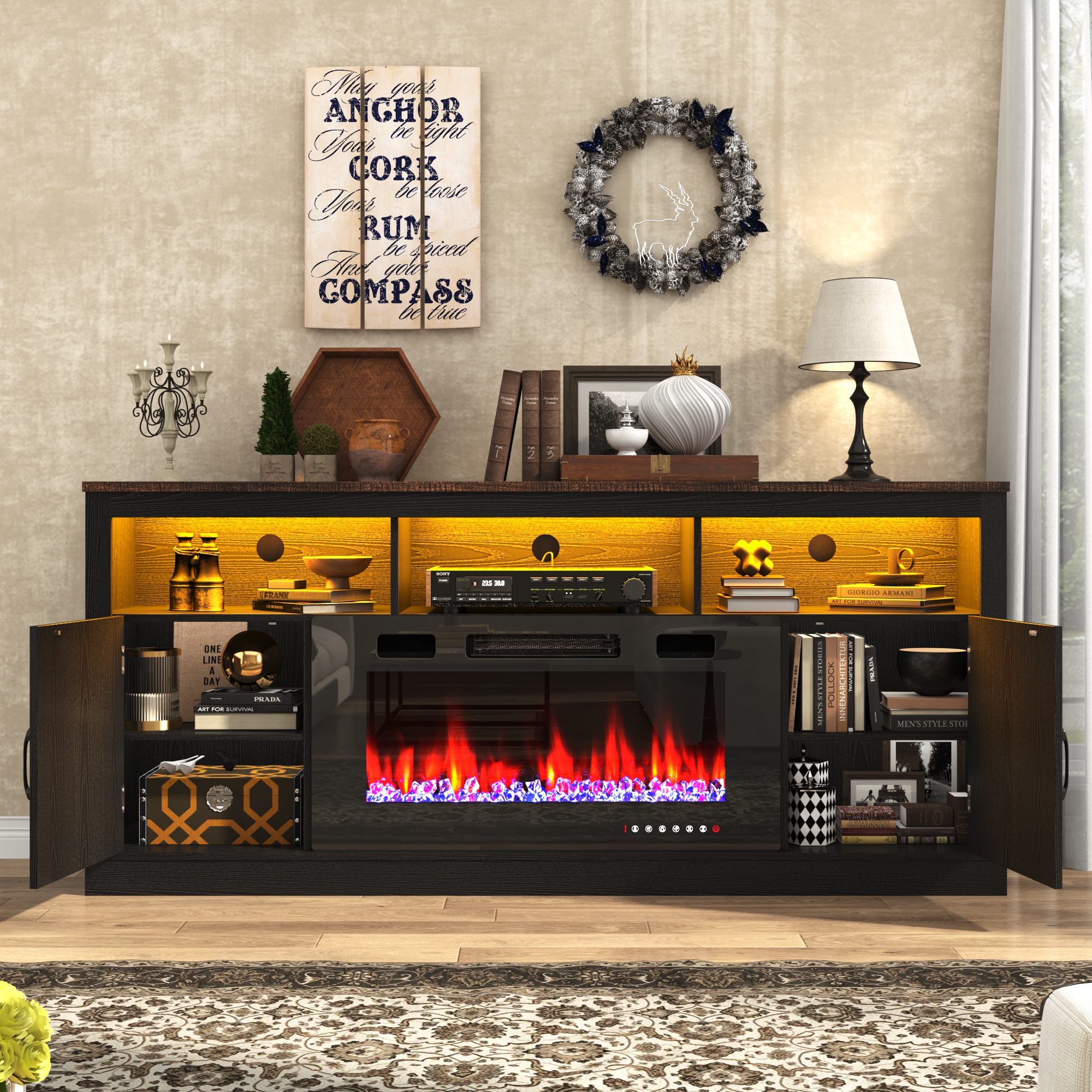 ChVans 70" Fireplace TV Stand for TVs up to 80" with 36" Electric Fireplace, Farmhouse Entertainment Center with LED, Wooden Media Console for Living Room, Bedroom(Grey)