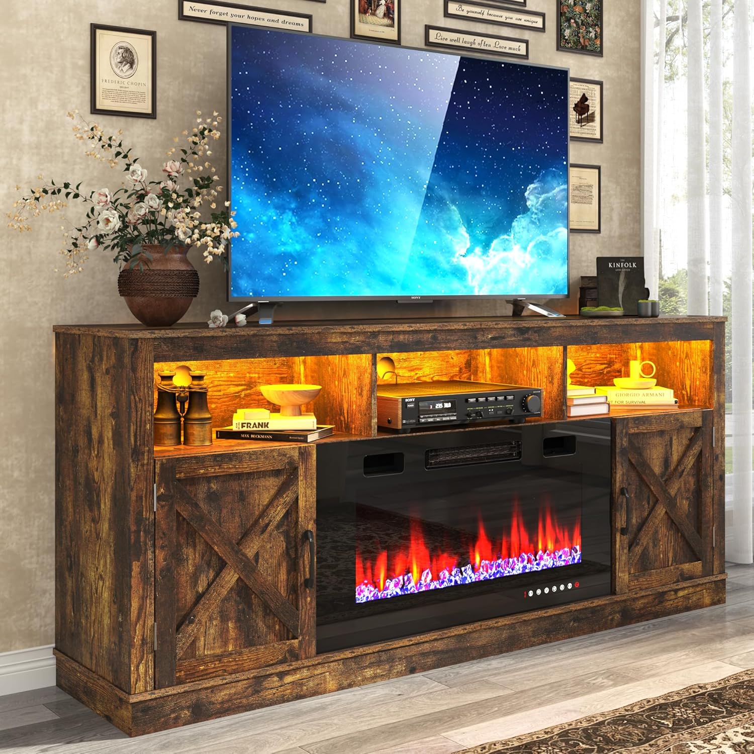 ChVans 70" Fireplace TV Stand for TVs up to 80" with 36" Electric Fireplace, Farmhouse Entertainment Center with LED, Wooden Media Console for Living Room, Bedroom(Grey)