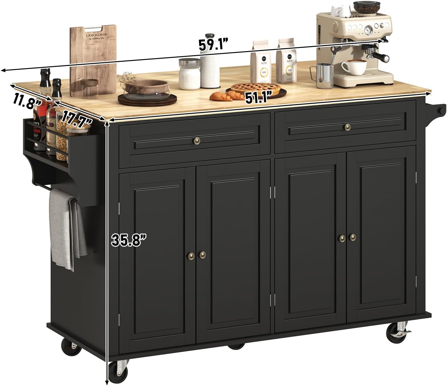 ChVans 59" W Kitchen Island with Drop Leaf, Rolling Kitchen Cart with Storage on Wheels, Large Island Table for Kitchen with Rubber Wood Top and Rack and Drawer