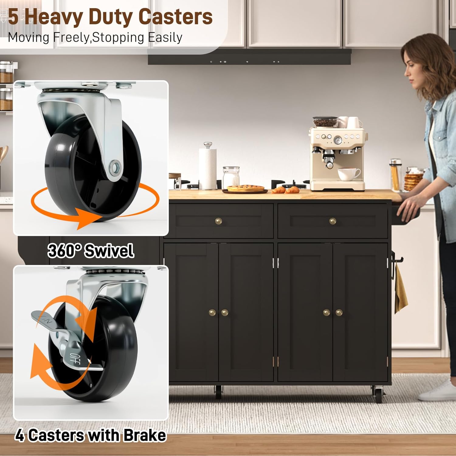 ANPOO 67" Rolling Kitchen Island with Drop Leaf, Tilt Out Kitchen Trash Cabinet 10 Gallon Storage, Kitchen Cart Island with Rubber wood Top, Spice Rack and Drawers