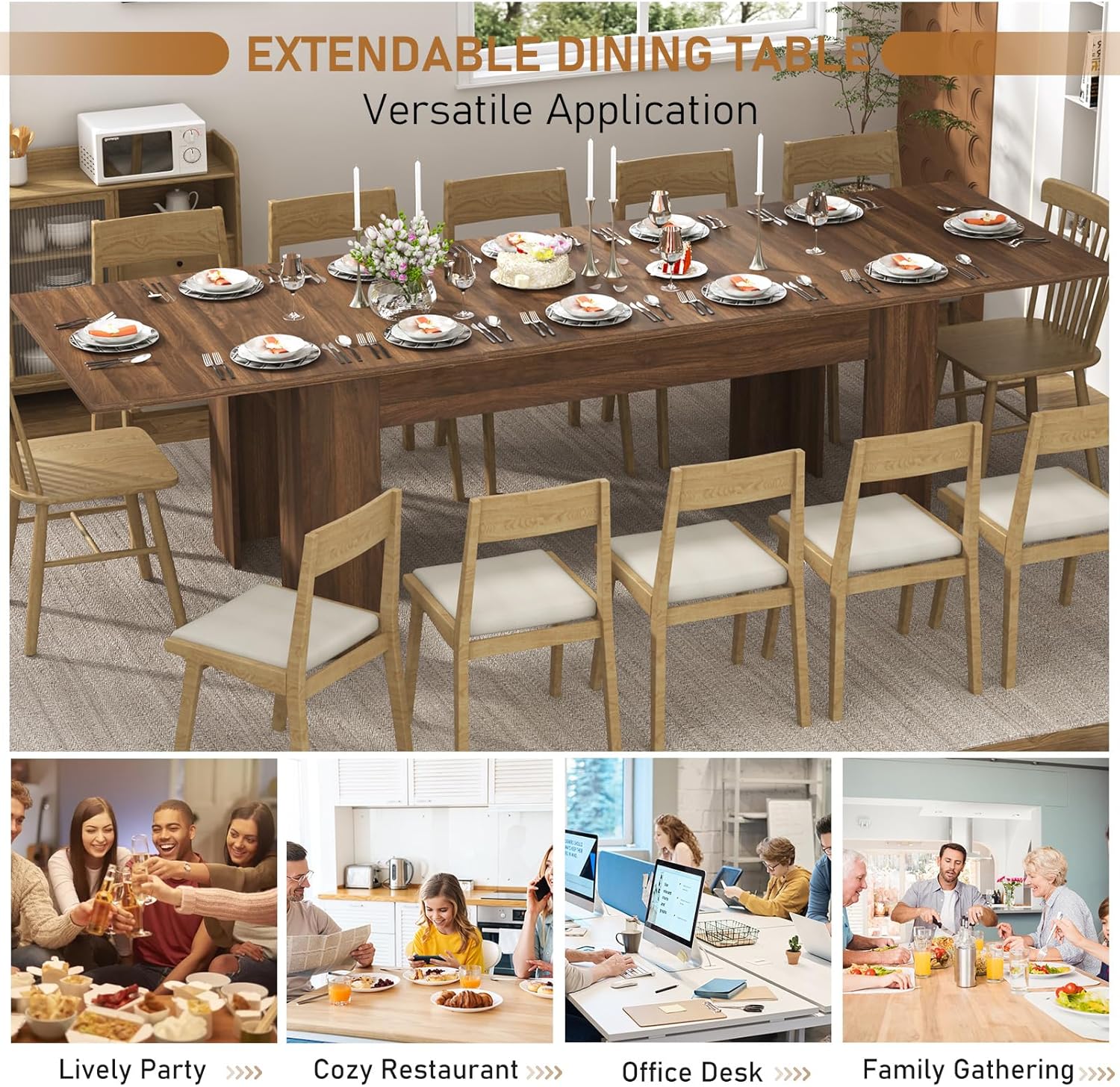 ChVans Large Mobile Extendable Dining Table for 6-10, Modern Wood Kitchen Table Rectangular Table for Dining Room, Living Room