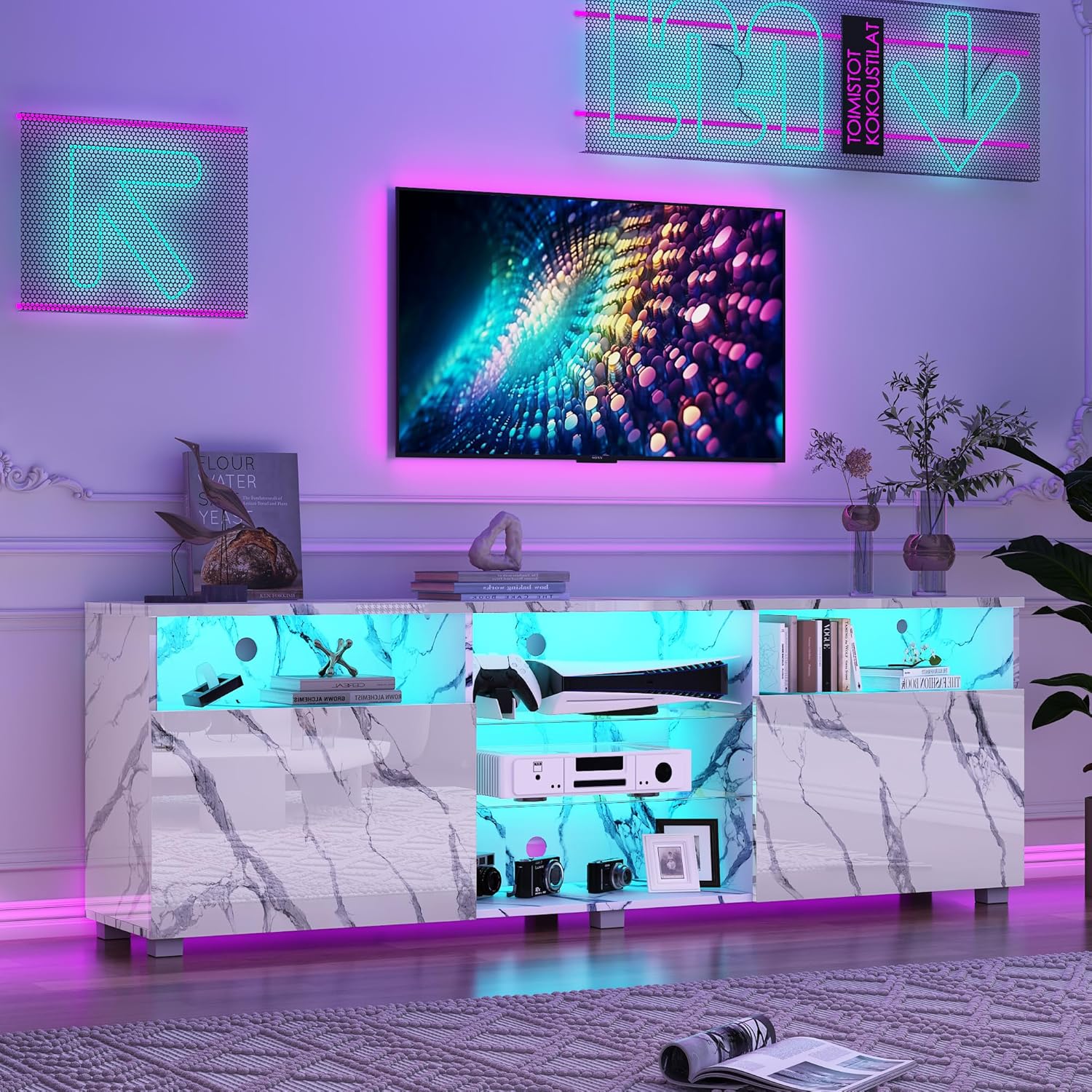 ANPOO LED TV Stand for 70/75/80 inch TV, High Glossy Entertainment Center with Drawer and Led Lights, Media Console for Living Game Room Bedroom