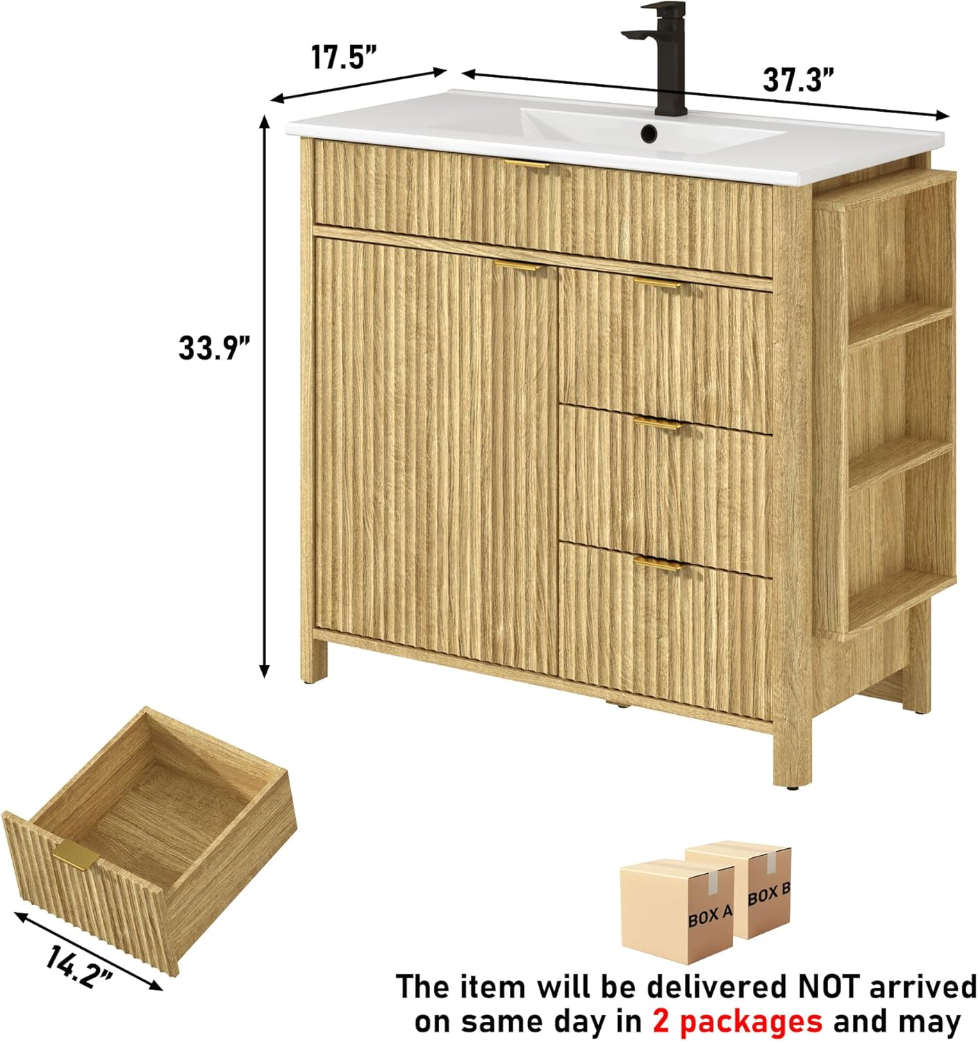 ANPOO 36" Bathroom Vanity with Sink & Faucet & Sewer Pipes, Mid-Century Modern Vanity with Ceramic Basin and Fluted Soft-Close Doors, Freestanding Bath Storage Vanity Sink Combo Set