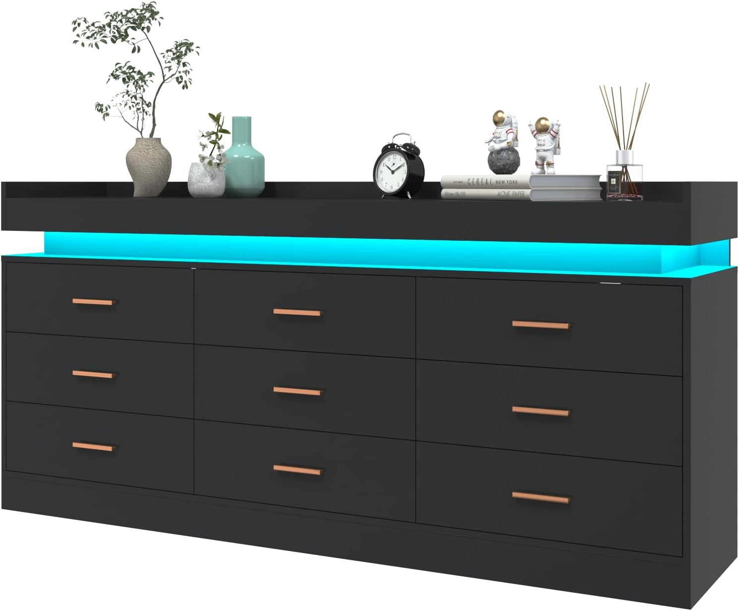 ChVans Black Dresser with LED Light, Modern Wood Dresser with Wide Drawers and Metal Handles, 9 drawer dresser for Bedroom, Living Room, Entryway, Hallway