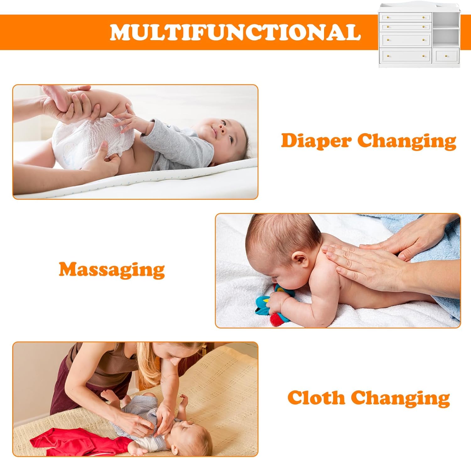 ChVans Changing Table Dresser, Baby Classic Nursery Dresser with 5 Drawers and 2 Shelves, Wood Chest of Drawers Nursery Storage Kids Organizer