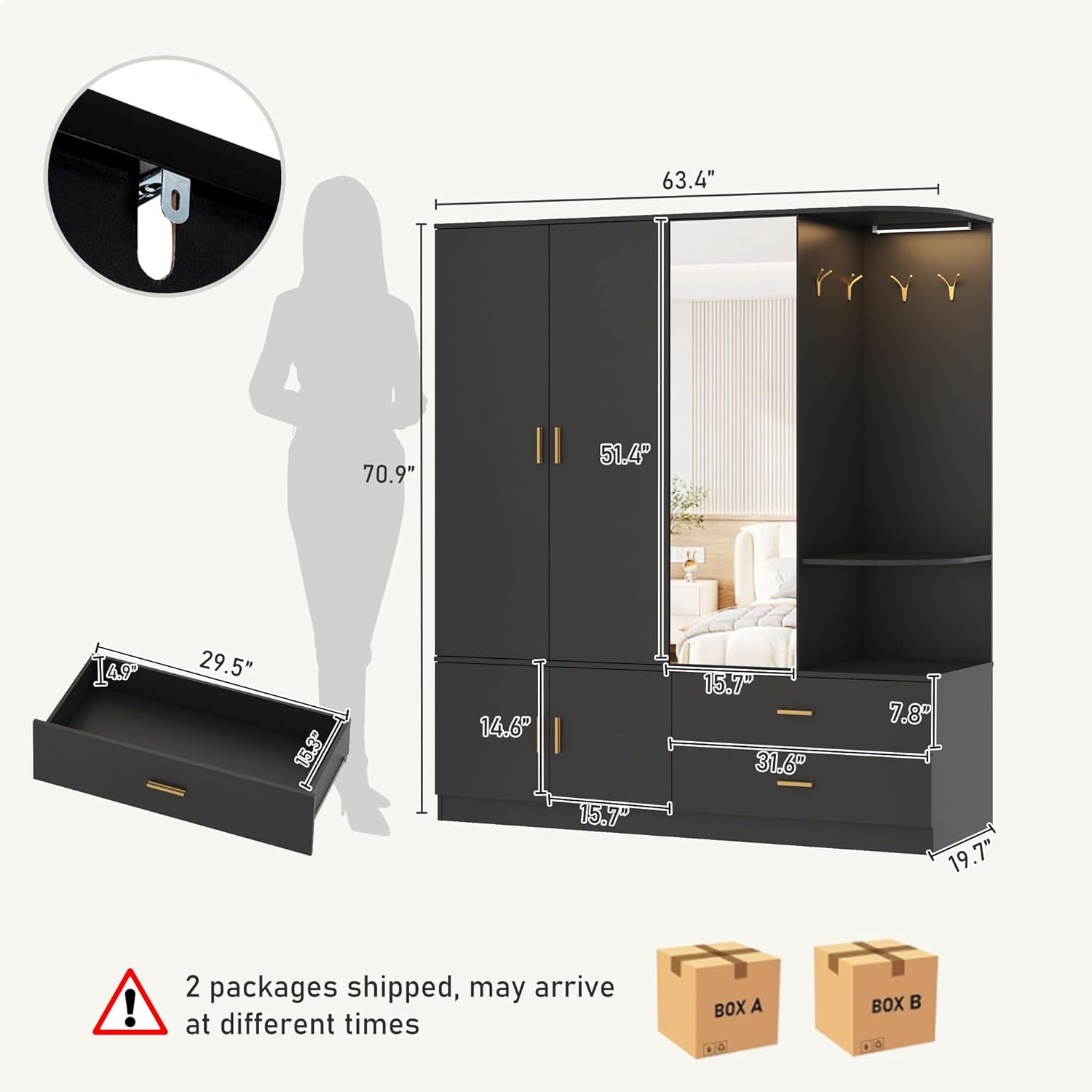 ChVans 71'' Armoire Wardrobe Closet with Mirror and Sensor Light, Modern Large Wooden Armoire Closet with 3 Doors, 2 Drawers, 4 Hooks, 2 Hanging Rods, Open Space for Bedroom