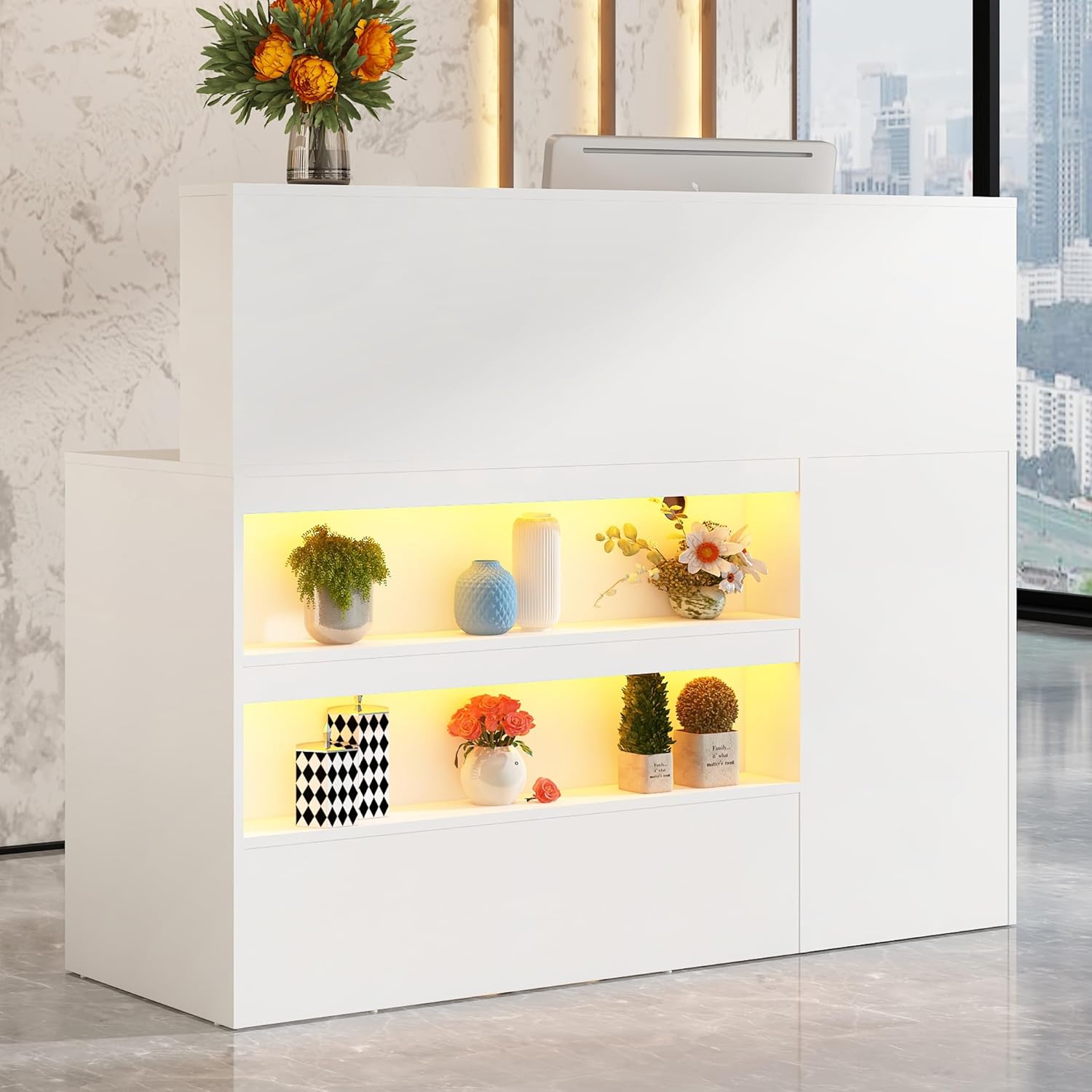 ANPOO 55" L-Shaped Reception Desk with LED Lights & Power Outlets - Front Desk with Cable Grommet & Lockable Drawers, Multi-Use Retail Checkout Counter for Lobby, Salon & Home Office