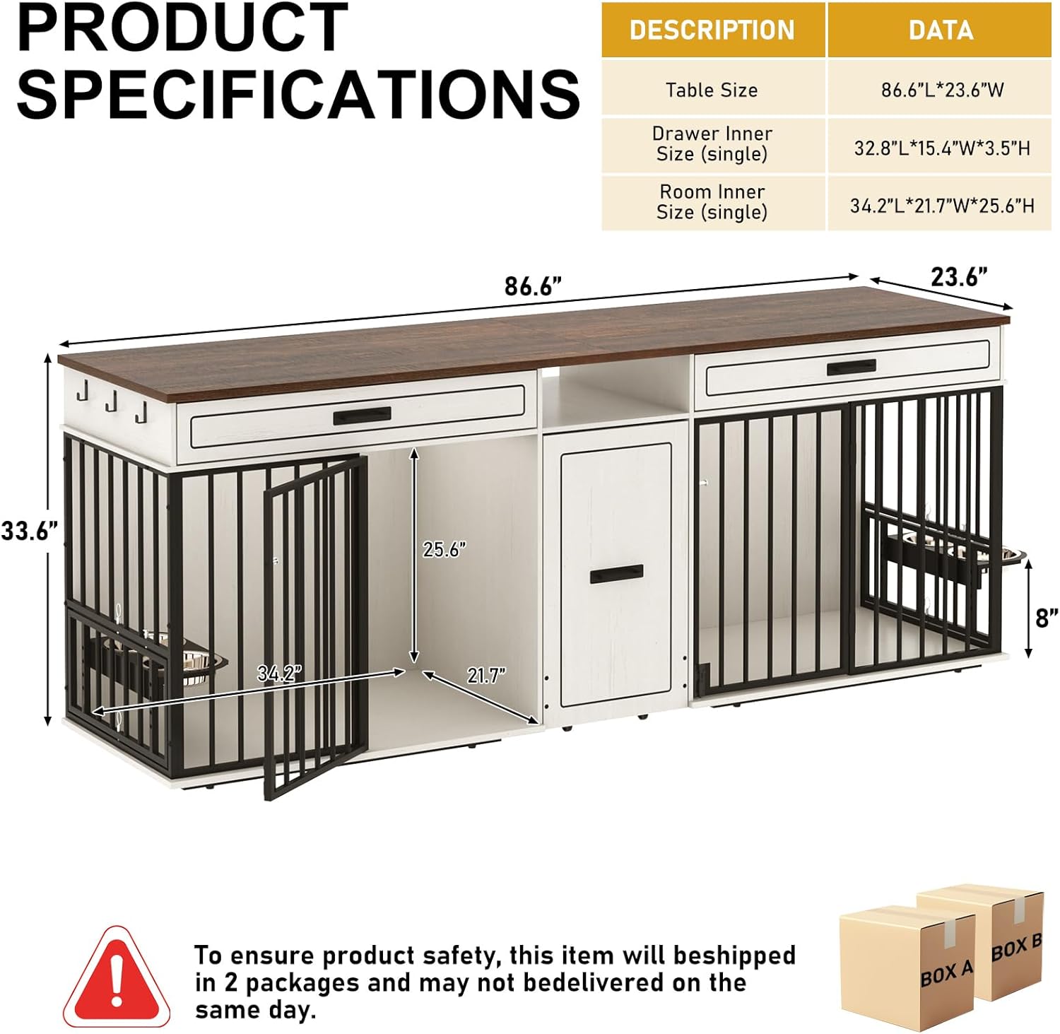 86.6" Dog Crate Furniture TV Stand for Large Breed Dogs, Wooden Kennel with Dual rooms, Dog Bowl, 2 Drawers &  Cabinet for Medium-Large Dogs