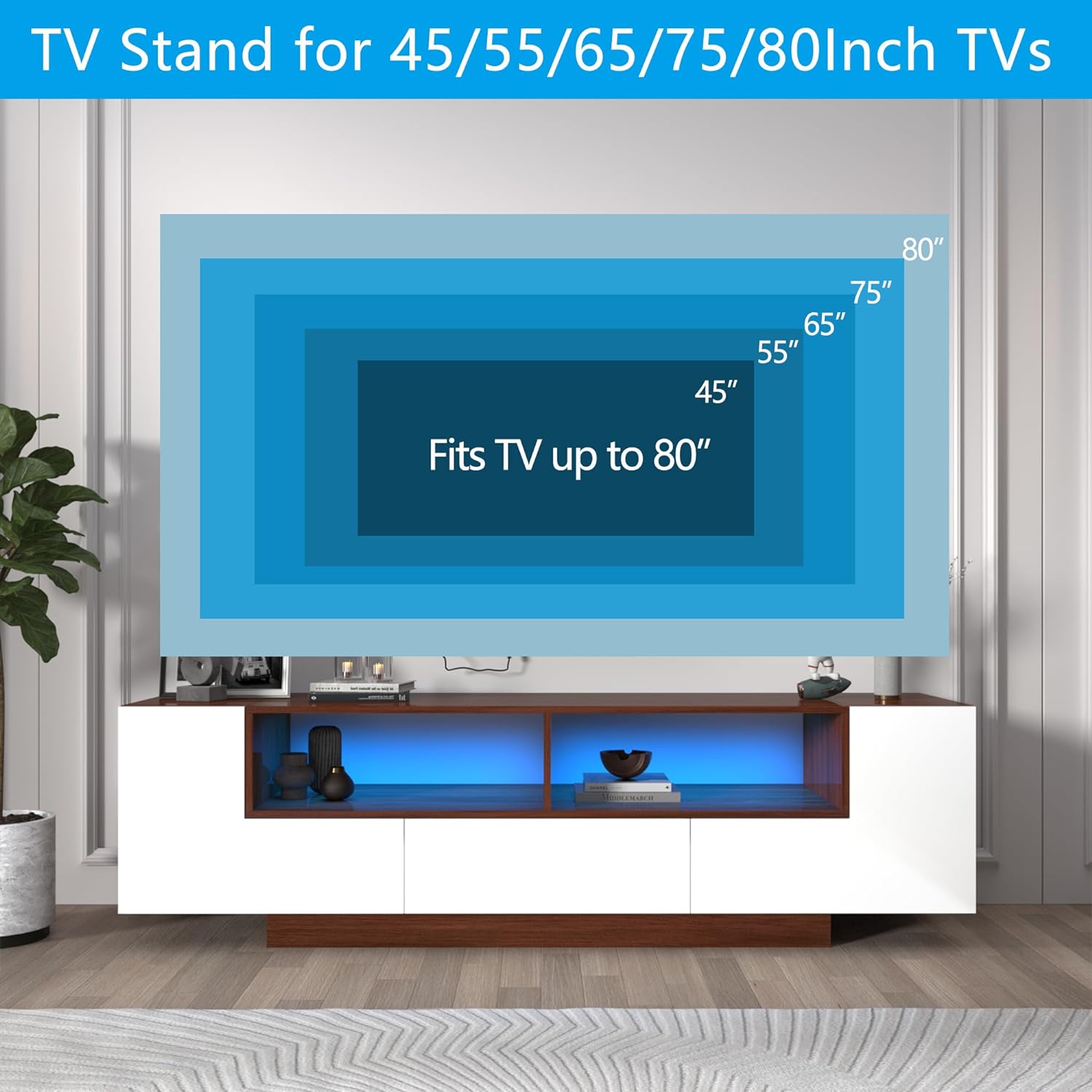Chvans LED Light TV Stand Large for up to 75-inch 80inch TVs, Modern High Gloss Entertainment Center Meida Console with Large Storage