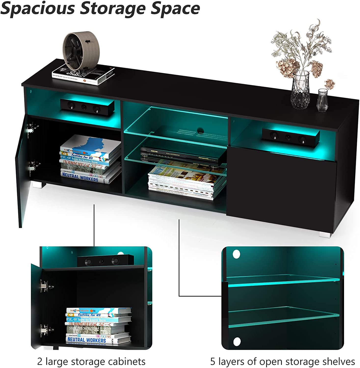 ChVans LED TV Stand for 65 inch TV, High Glass Modern Entertainment Center with LED Lights and Glossy Cabinets