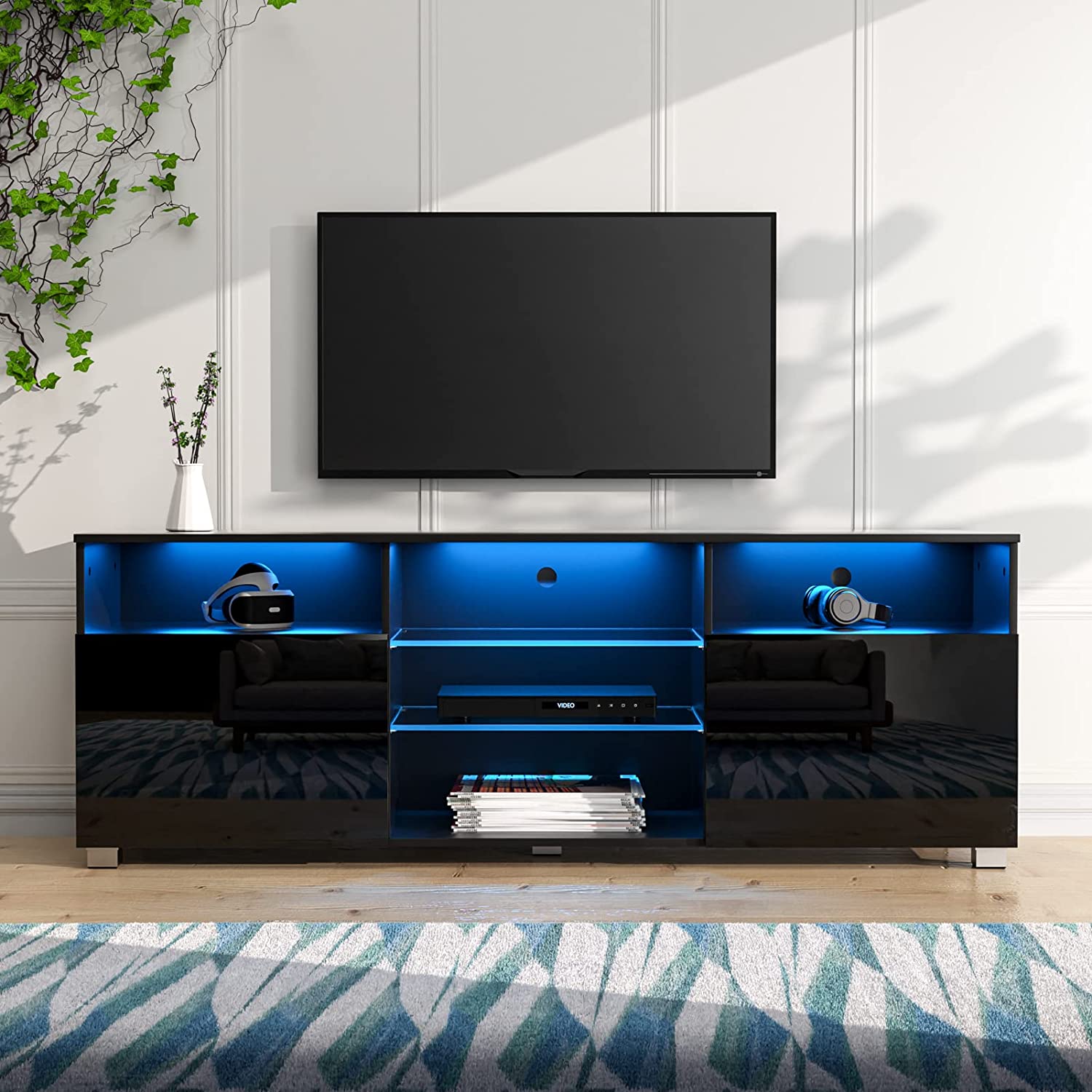 ChVans LED TV Stand for 65 inch TV, High Glass Modern Entertainment Center with LED Lights and Glossy Cabinets