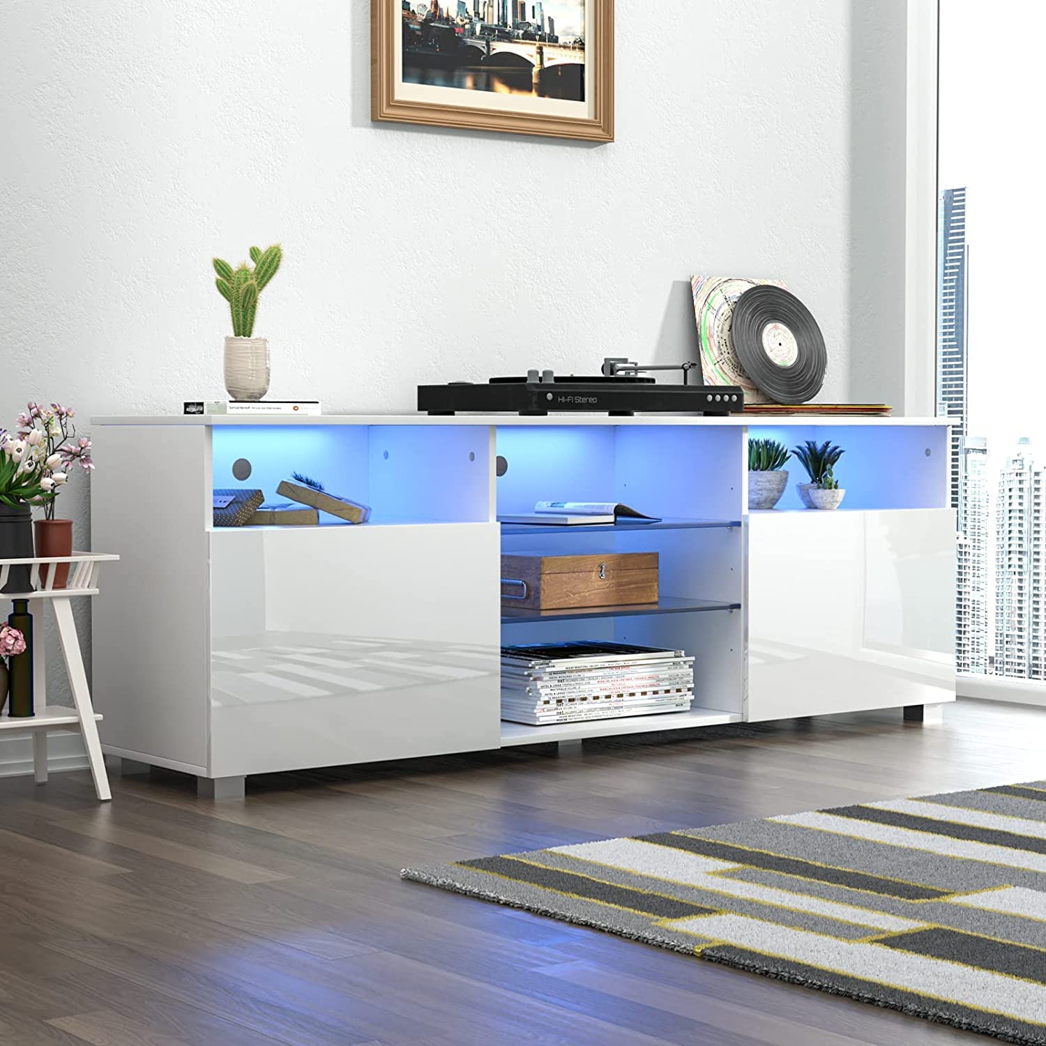 ChVans LED TV Stand for 65 inch TV, High Glass Modern Entertainment Center with LED Lights and Glossy Cabinets