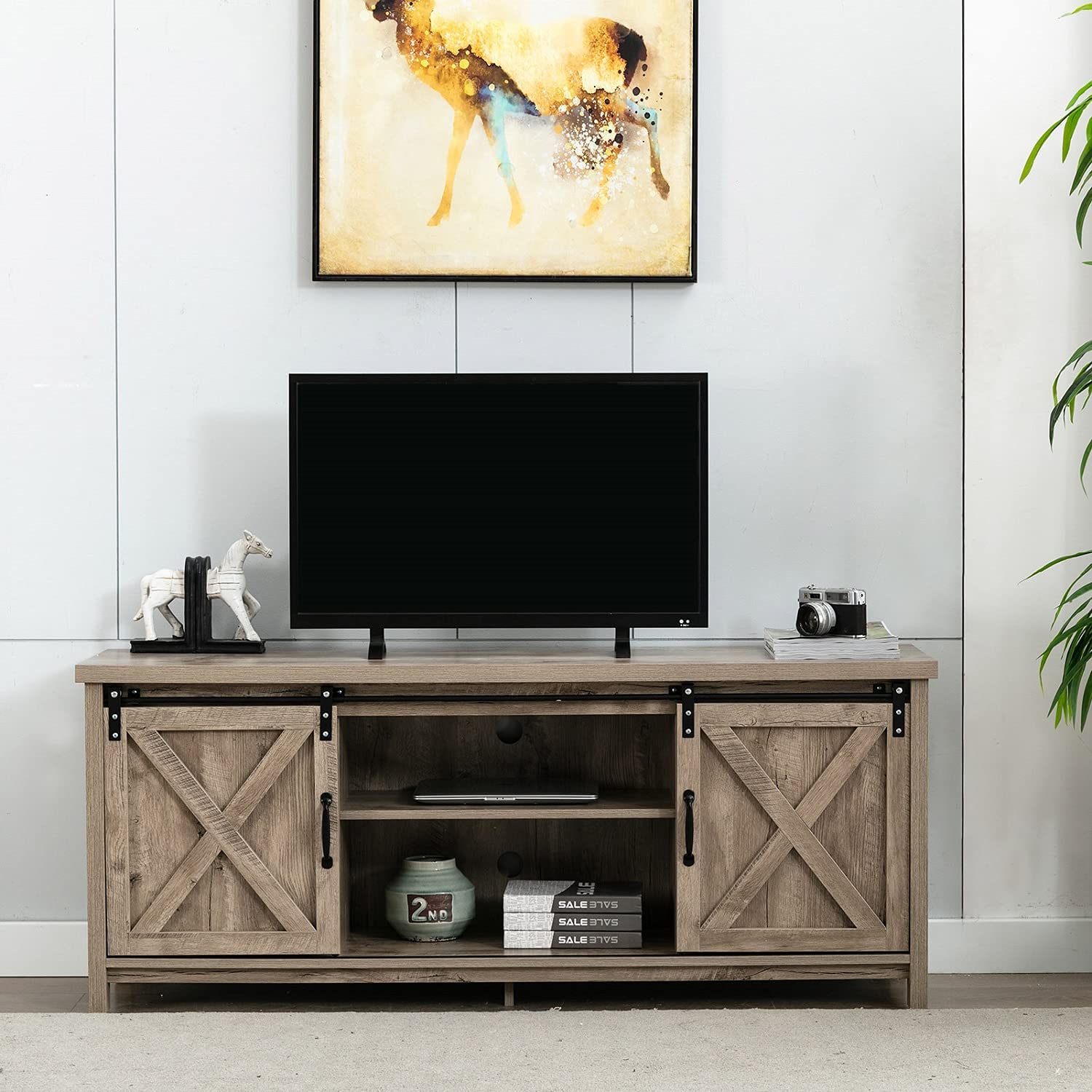 58" Farmhouse Sliding Barn Door TV Stand for TVs up to 65" Television Cabinet(Dark gray), Wood, Metal