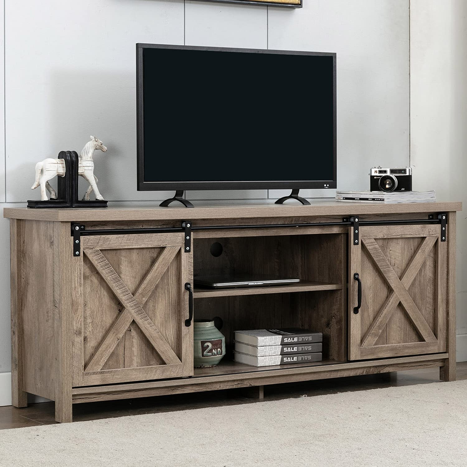 58" Farmhouse Sliding Barn Door TV Stand for TVs up to 65" Television Cabinet(Dark gray), Wood, Metal