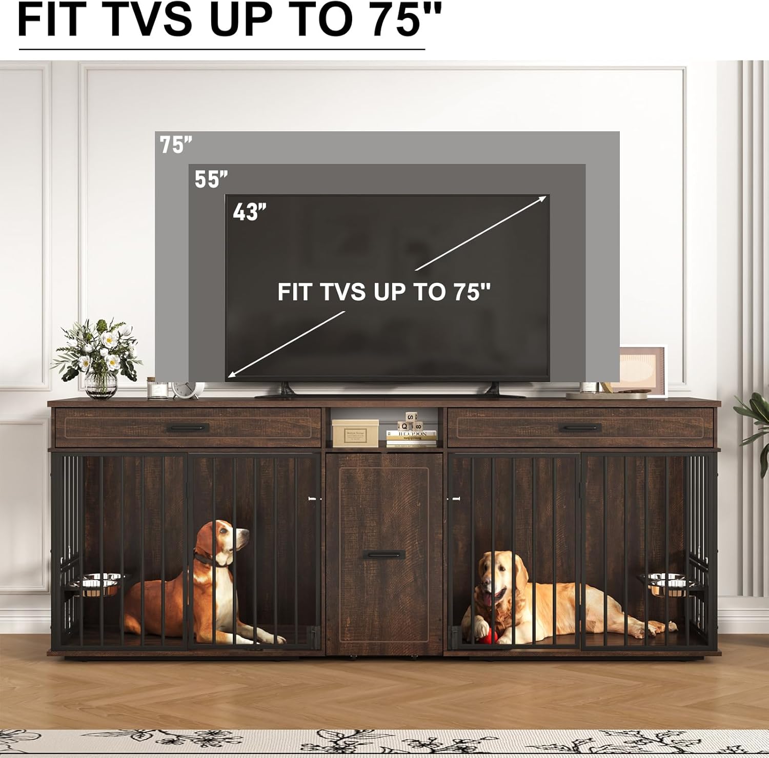 86.6" Dog Crate Furniture TV Stand for Large Breed Dogs, Wooden Kennel with Dual rooms, Dog Bowl, 2 Drawers &  Cabinet for Medium-Large Dogs