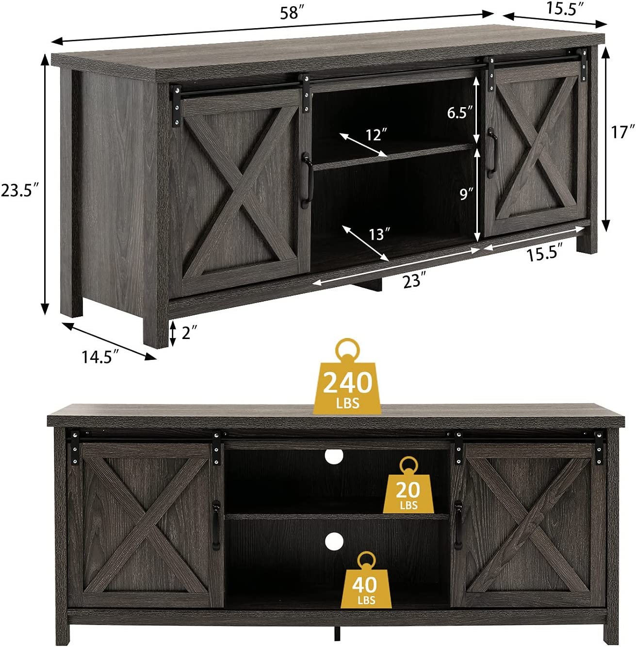 58" Farmhouse Sliding Barn Door TV Stand for TVs up to 65" Television Cabinet(Dark gray), Wood, Metal