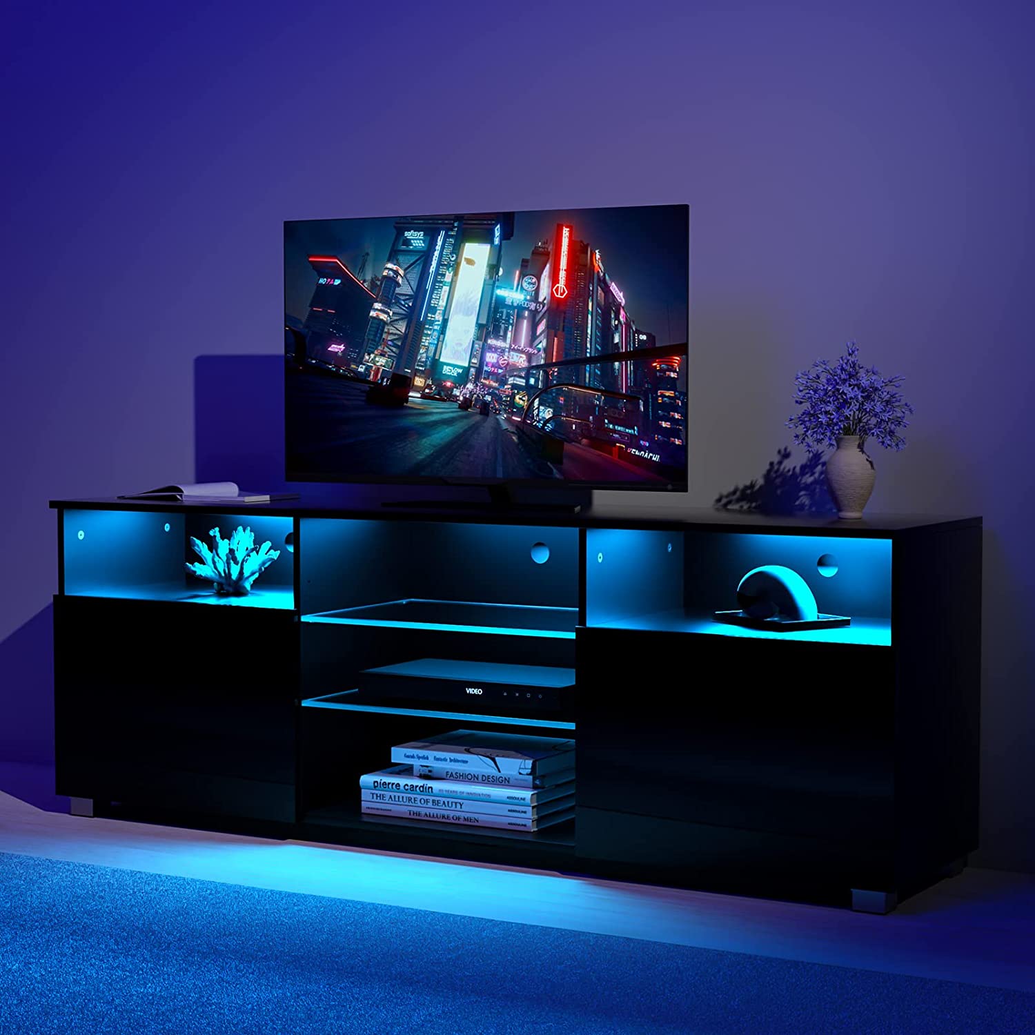 ChVans LED TV Stand for 65 inch TV, High Glass Modern Entertainment Center with LED Lights and Glossy Cabinets