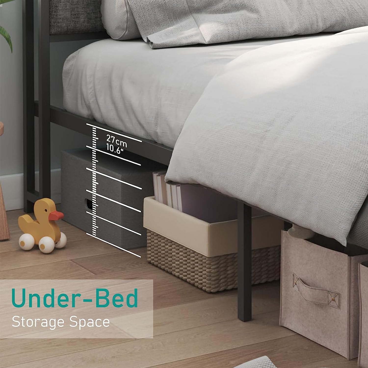 LED Light Bed Frame & Linen Upholstered Headboard, Metal Platform Bed with Outlets/USB Charging Ports, 10" Under Bed Storage