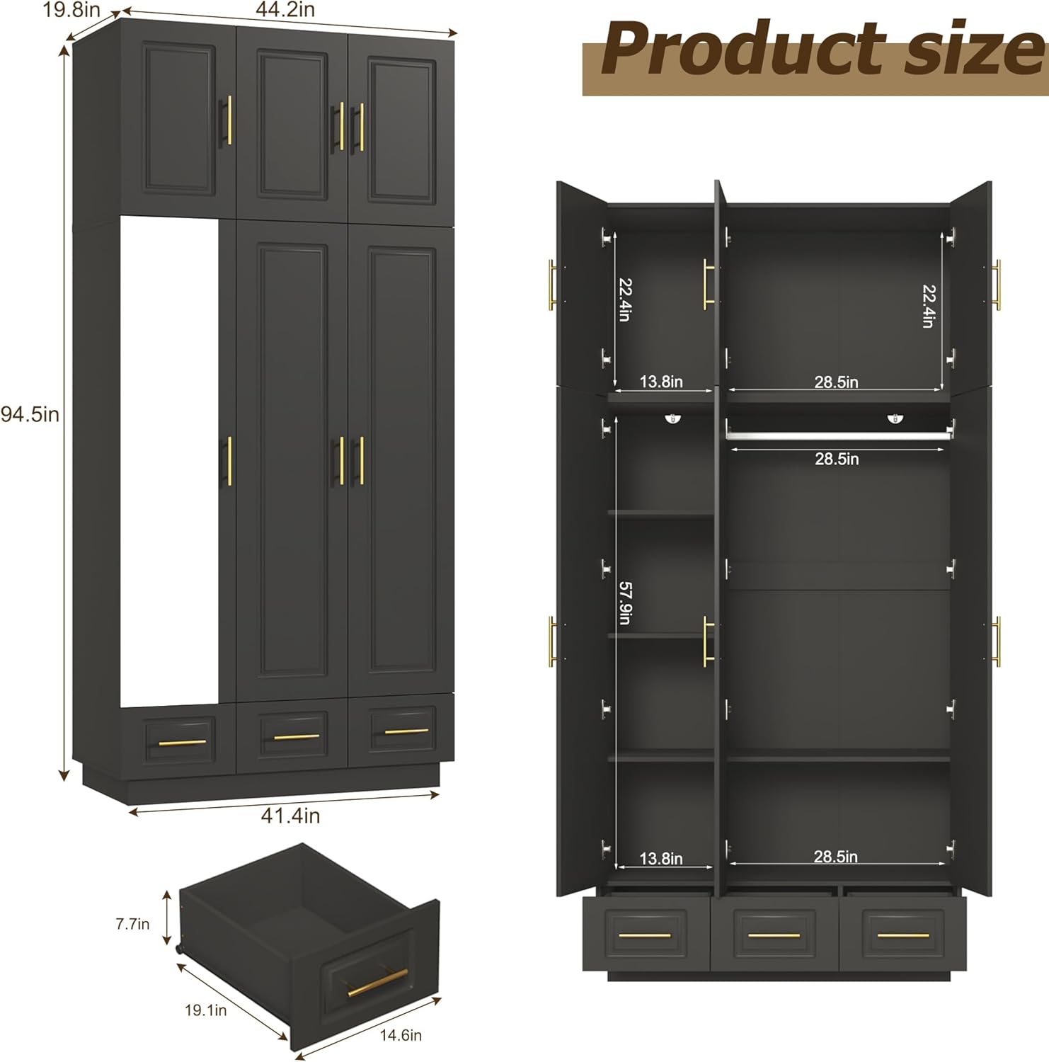 ChVans 3 Door Armoire Wardrobe Closet with Top Cabinet and Mirror, 94.5'' LED Wardrobe Armoire with 3 Drawers, Hanging Rod & Multi-Layer Shelves for Bedroom, Black