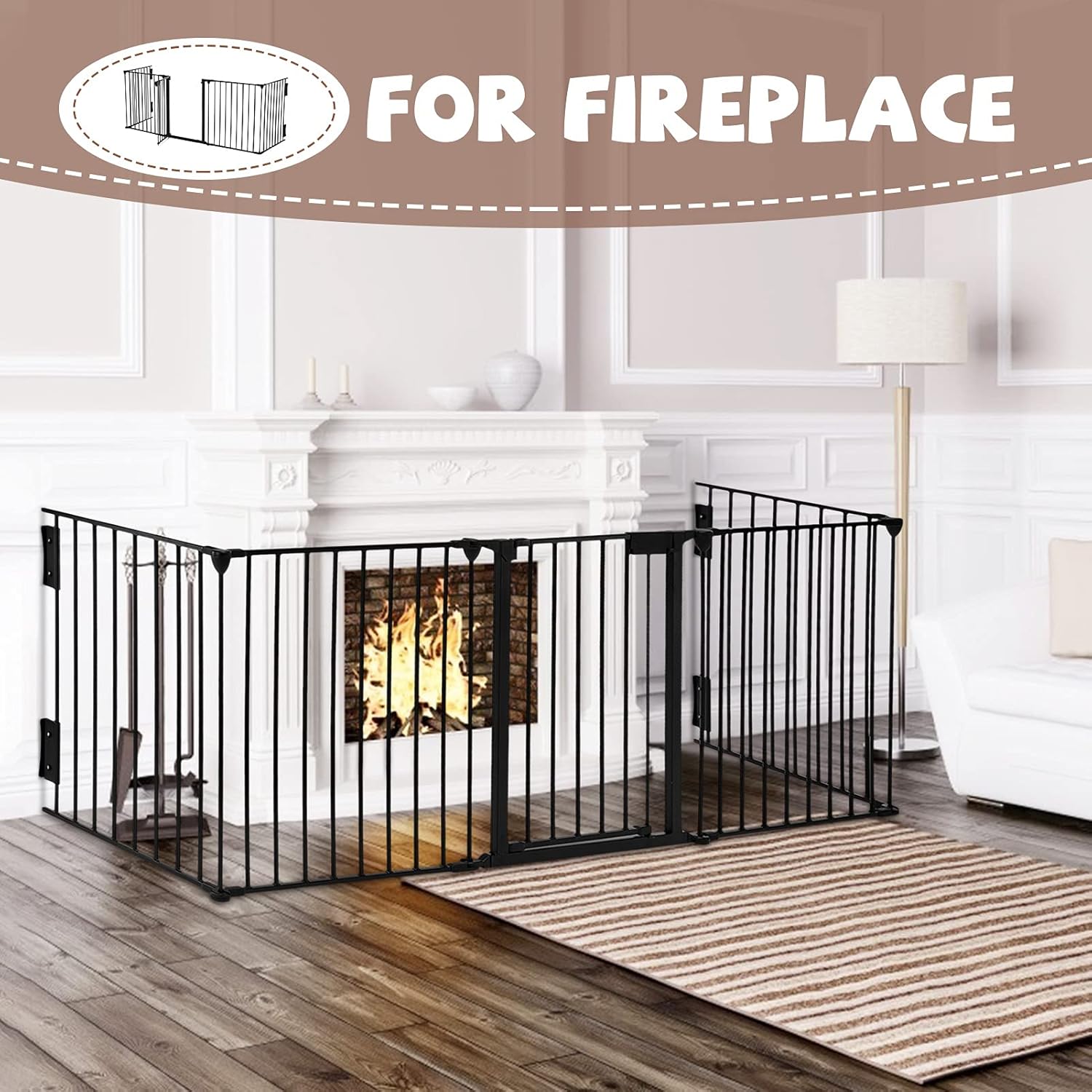ChVans Fireplace Safety Fence, Fits 72''-118'' Wide, Metal Baby Gate with Door, Safety Fence for Toddlers/Pets/Dogs, 5-Panel