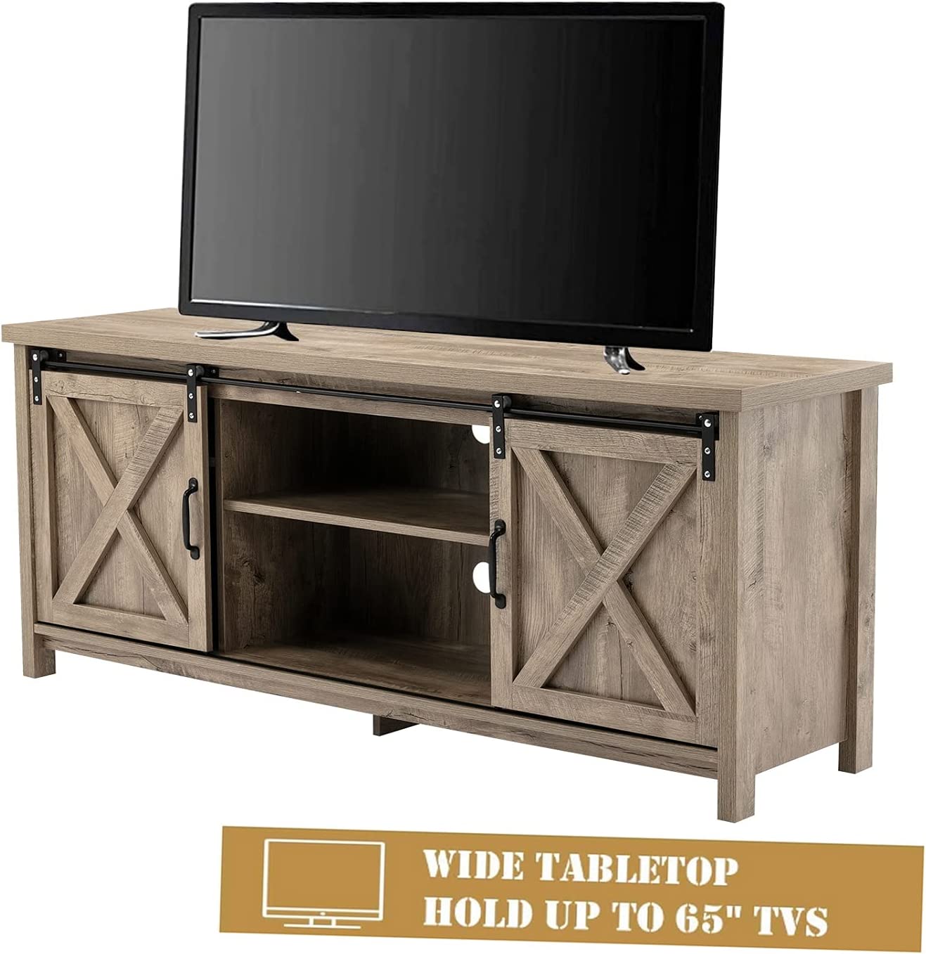 58" Farmhouse Sliding Barn Door TV Stand for TVs up to 65" Television Cabinet(Dark gray), Wood, Metal