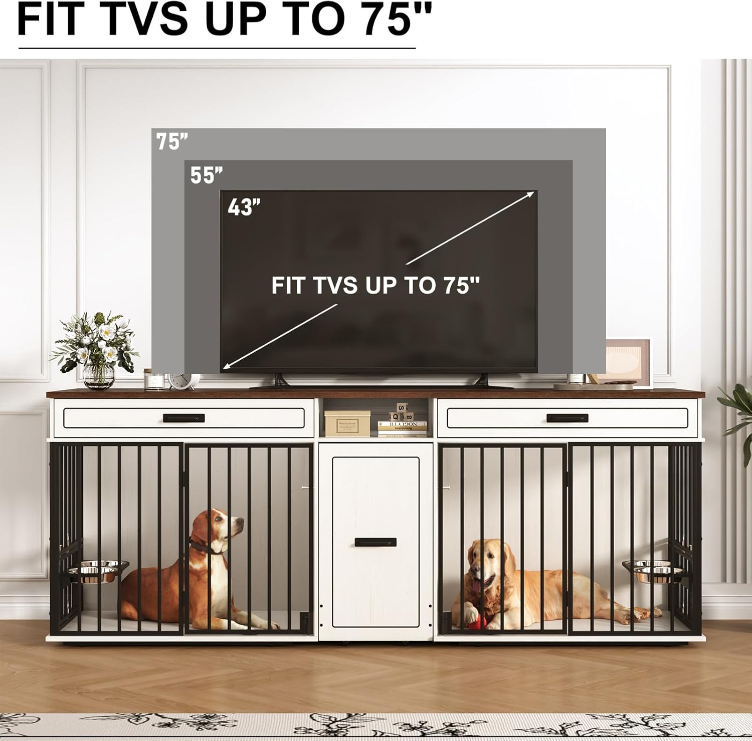 86.6" Dog Crate Furniture TV Stand for Large Breed Dogs, Wooden Kennel with Dual rooms, Dog Bowl, 2 Drawers &  Cabinet for Medium-Large Dogs