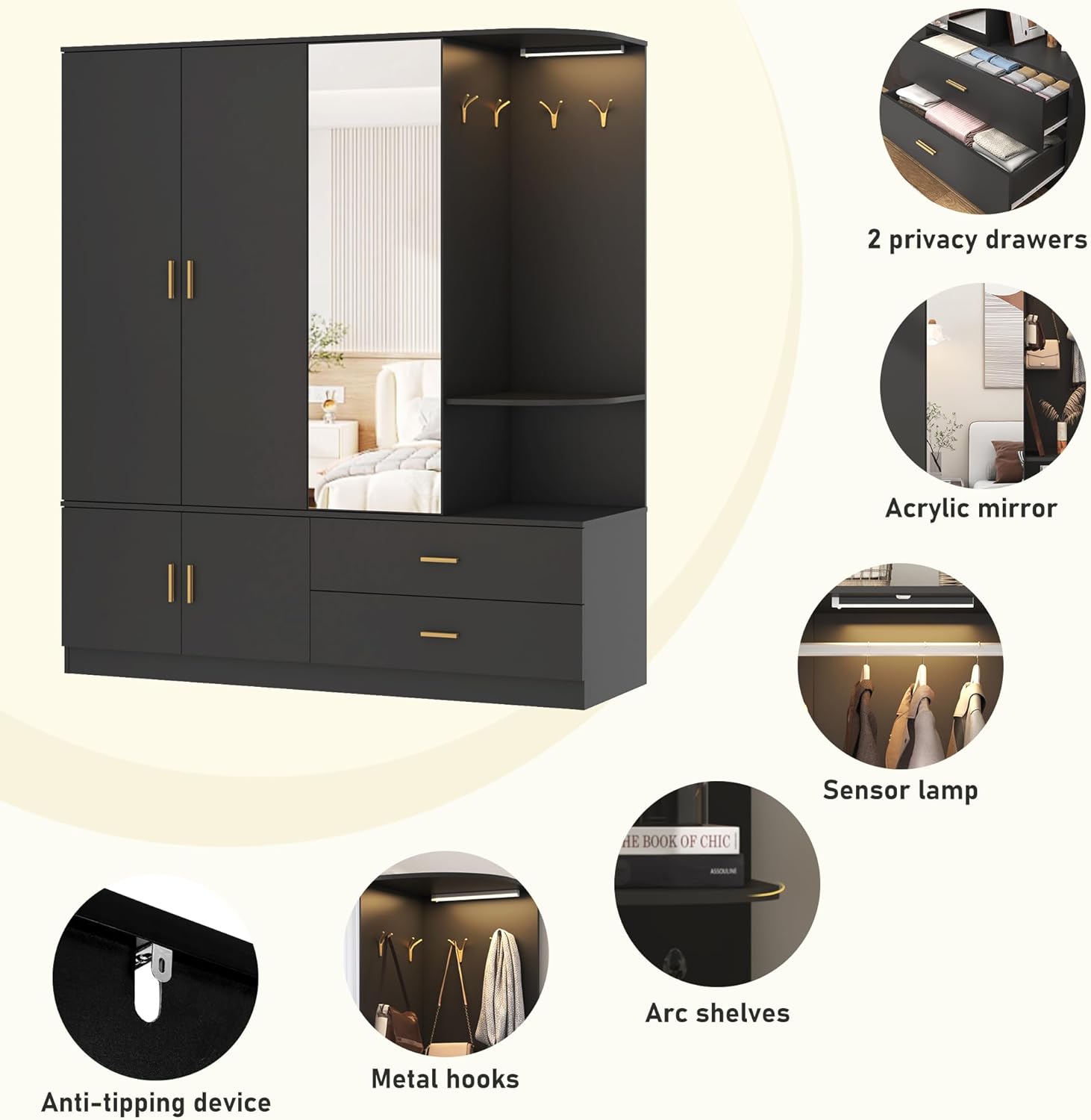 ChVans 71'' Armoire Wardrobe Closet with Mirror and Sensor Light, Modern Large Wooden Armoire Closet with 3 Doors, 2 Drawers, 4 Hooks, 2 Hanging Rods, Open Space for Bedroom