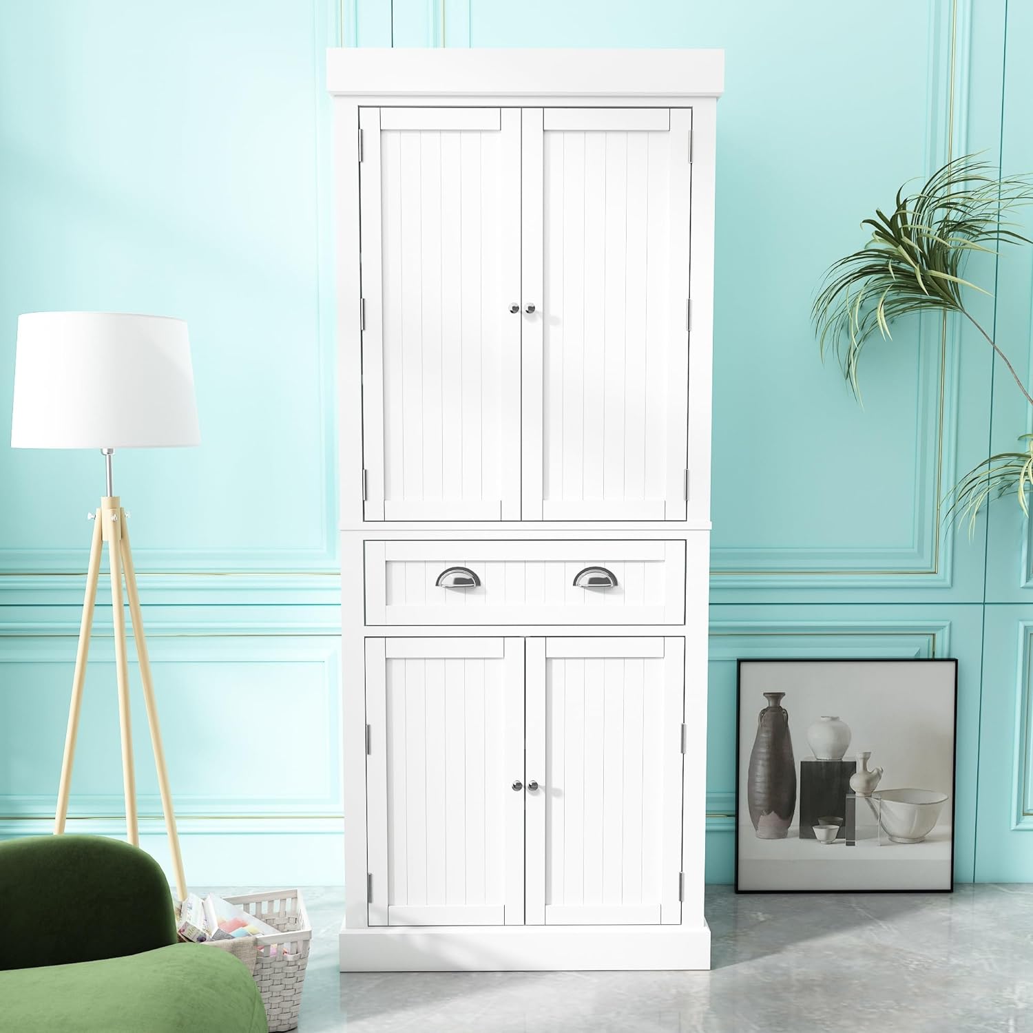 ChVans 72" Tall Kitchen Pantry with 4 Doors, Storage Cabinet with 1 Large Drawer 6 Hanging Shelves, Freestanding Cupboard for Dining Room Living Room