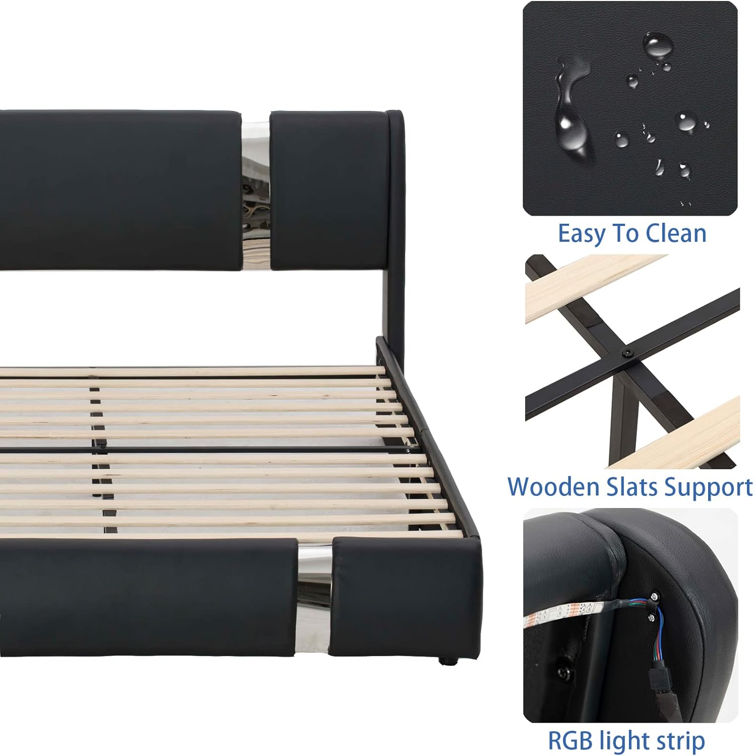 Faux Leather Bed Frame with Adjustable Headboard, LED Light Upholstered Platform Bed
