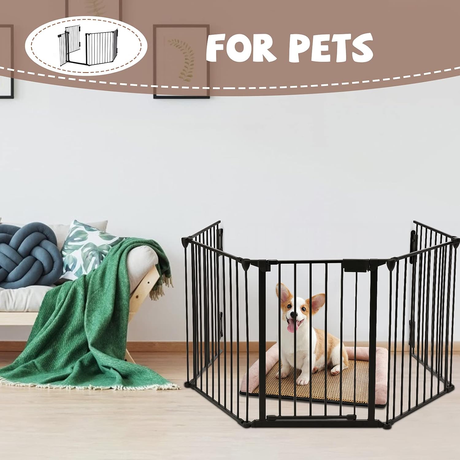 ChVans Fireplace Safety Fence, Fits 72''-118'' Wide, Metal Baby Gate with Door, Safety Fence for Toddlers/Pets/Dogs, 5-Panel