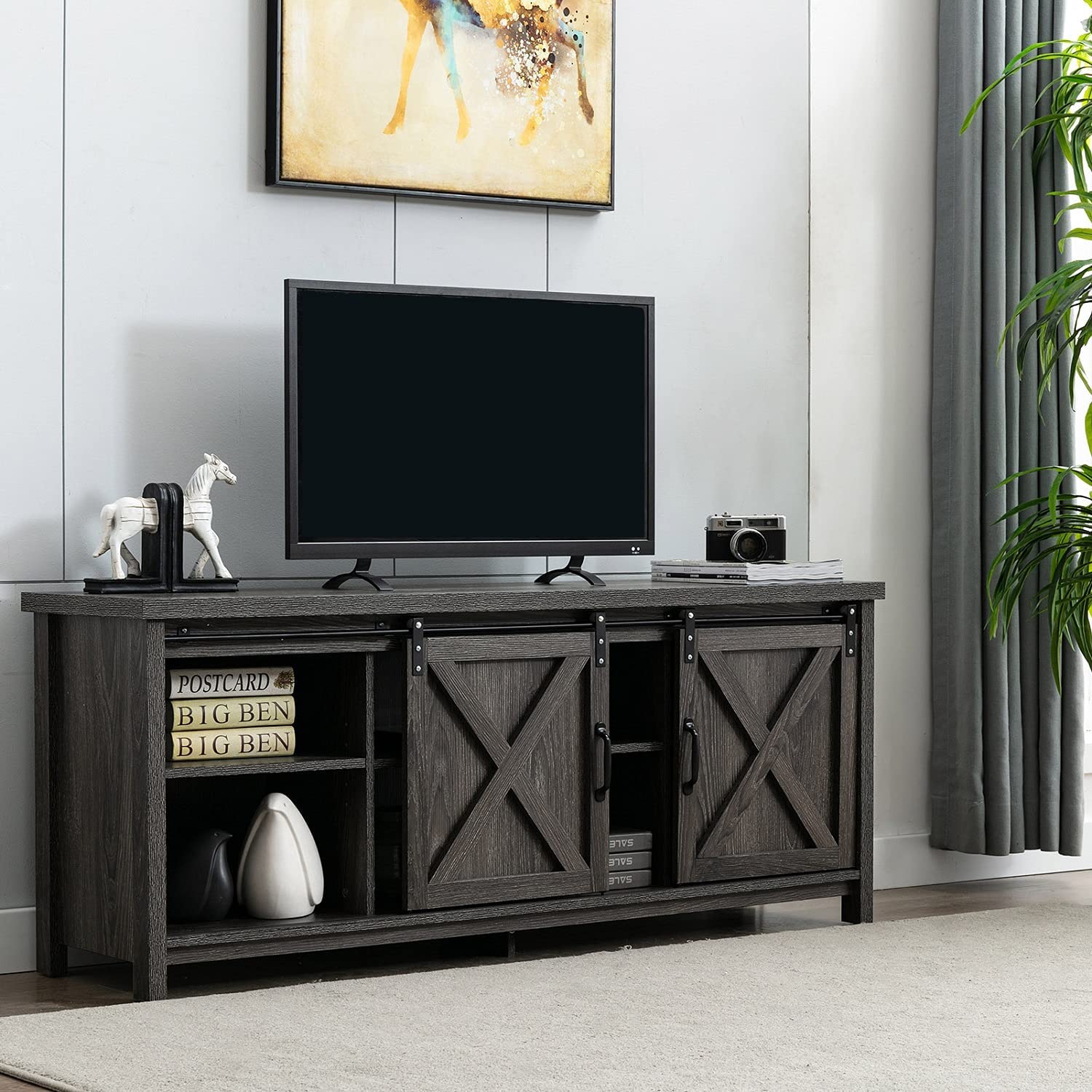58" Farmhouse Sliding Barn Door TV Stand for TVs up to 65" Television Cabinet(Dark gray), Wood, Metal