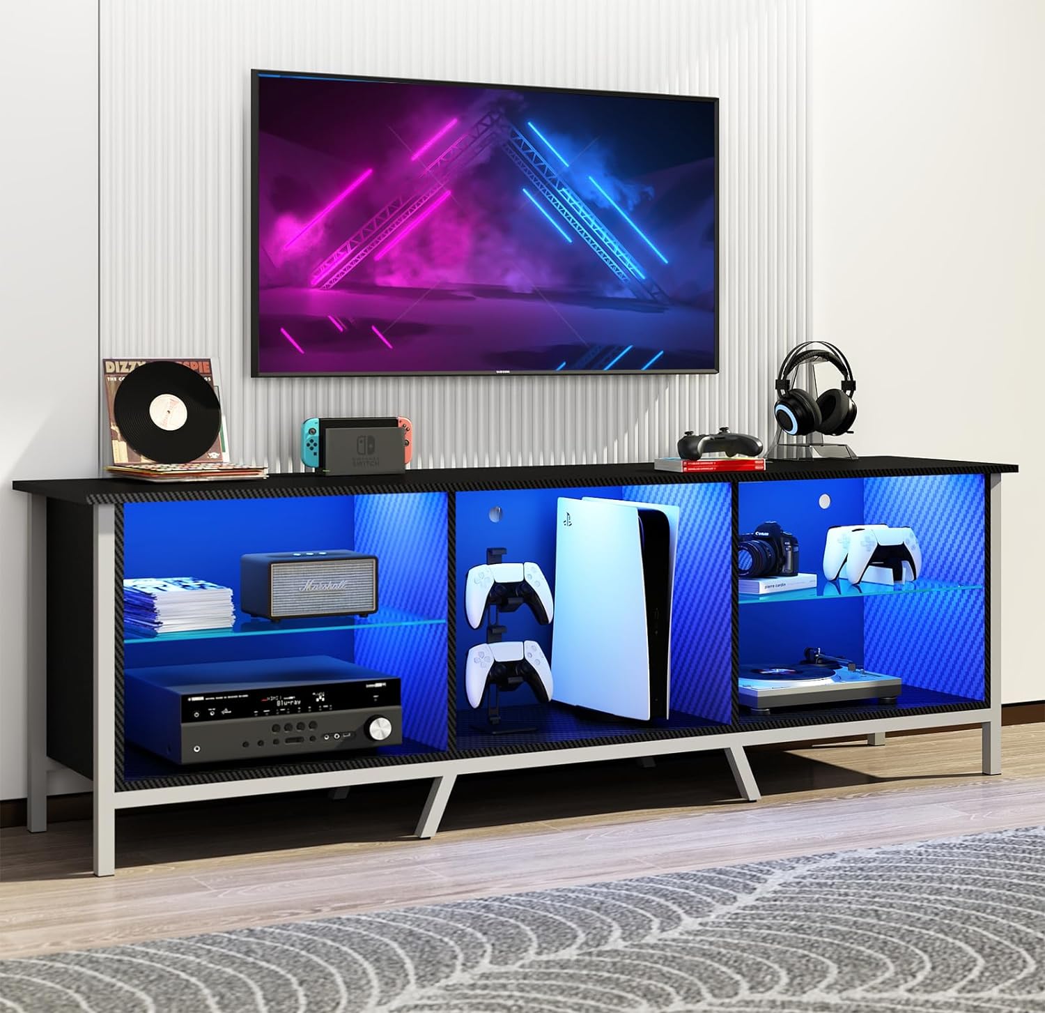 Vinctik 6&Fox 63IN LED TV Stand for 65/70inch TV,High Glossy Black TV Stand for Living Room,Modern Gaming Entertainment Center with Charging Socket,RGB LED Lighting,Modern TV Cabinet