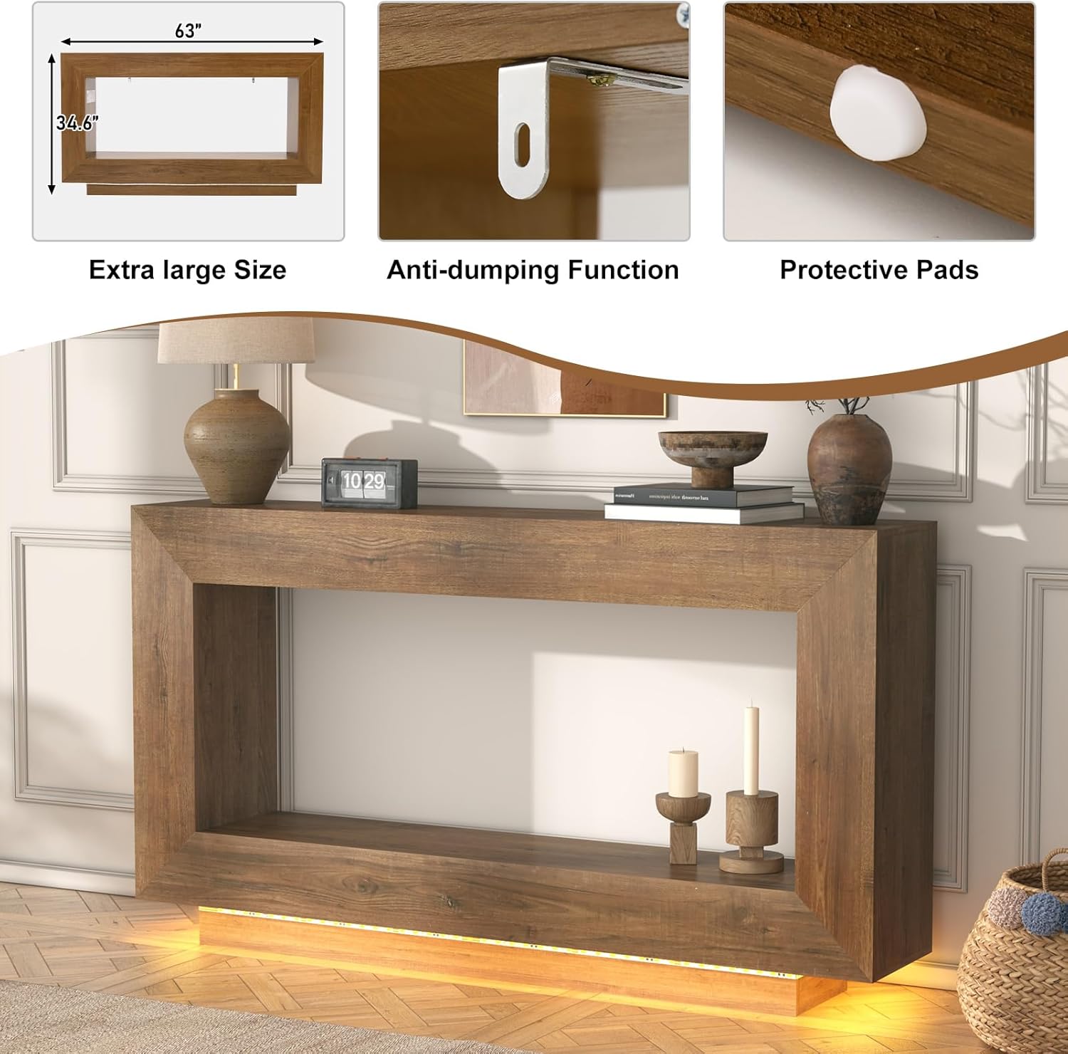 63" Long Farmhouse Console Table, Wood Entryway Accent Table with Storage & LED Lights, Floating Design for Living Room, Entrance, Hallway, Foyer