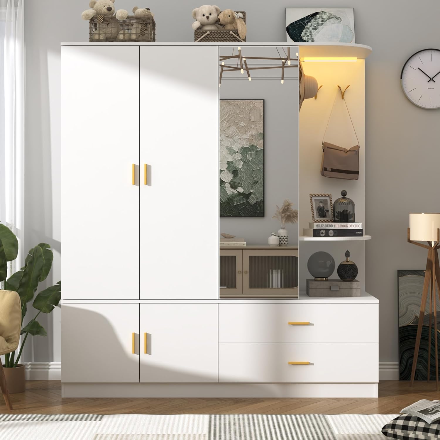 ChVans 71'' Armoire Wardrobe Closet with Mirror and Sensor Light, Modern Large Wooden Armoire Closet with 3 Doors, 2 Drawers, 4 Hooks, 2 Hanging Rods, Open Space for Bedroom