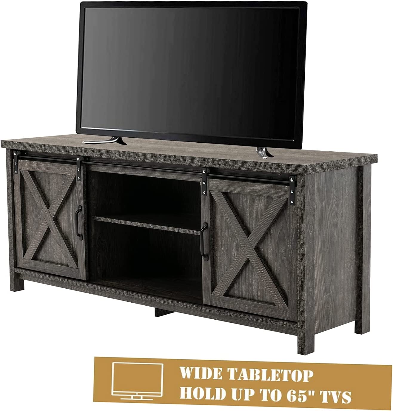 58" Farmhouse Sliding Barn Door TV Stand for TVs up to 65" Television Cabinet(Dark gray), Wood, Metal