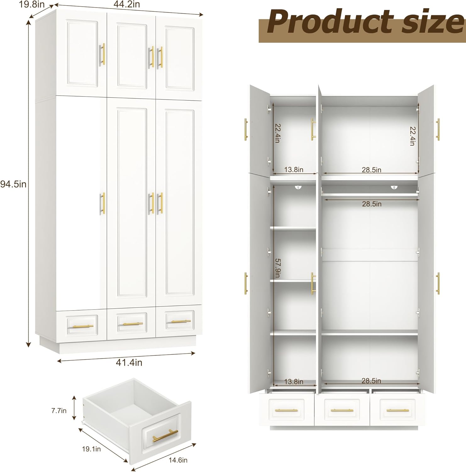ChVans 3 Door Armoire Wardrobe Closet with Top Cabinet and Mirror, 94.5'' LED Wardrobe Armoire with 3 Drawers, Hanging Rod & Multi-Layer Shelves for Bedroom, White
