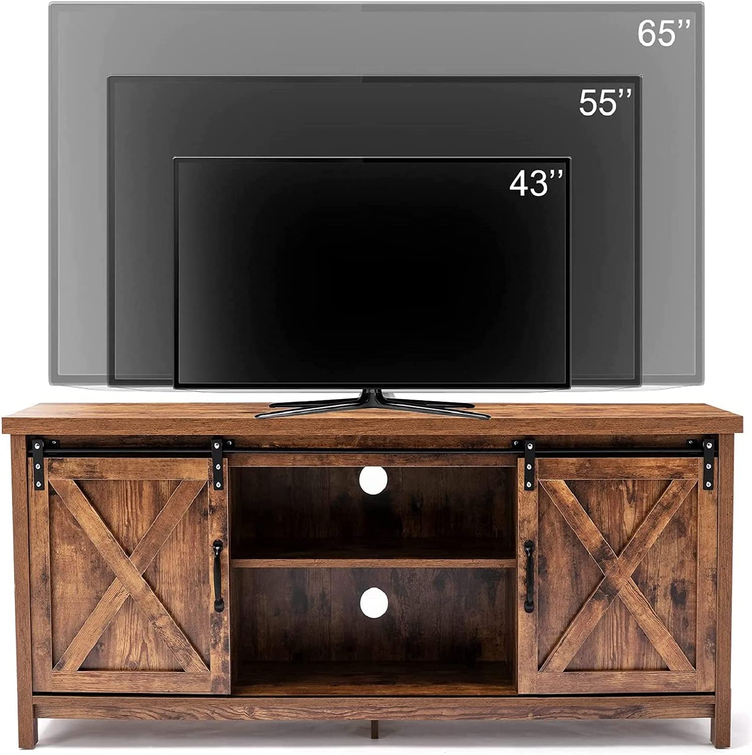 58" Farmhouse Sliding Barn Door TV Stand for TVs up to 65" Television Cabinet(Dark gray), Wood, Metal