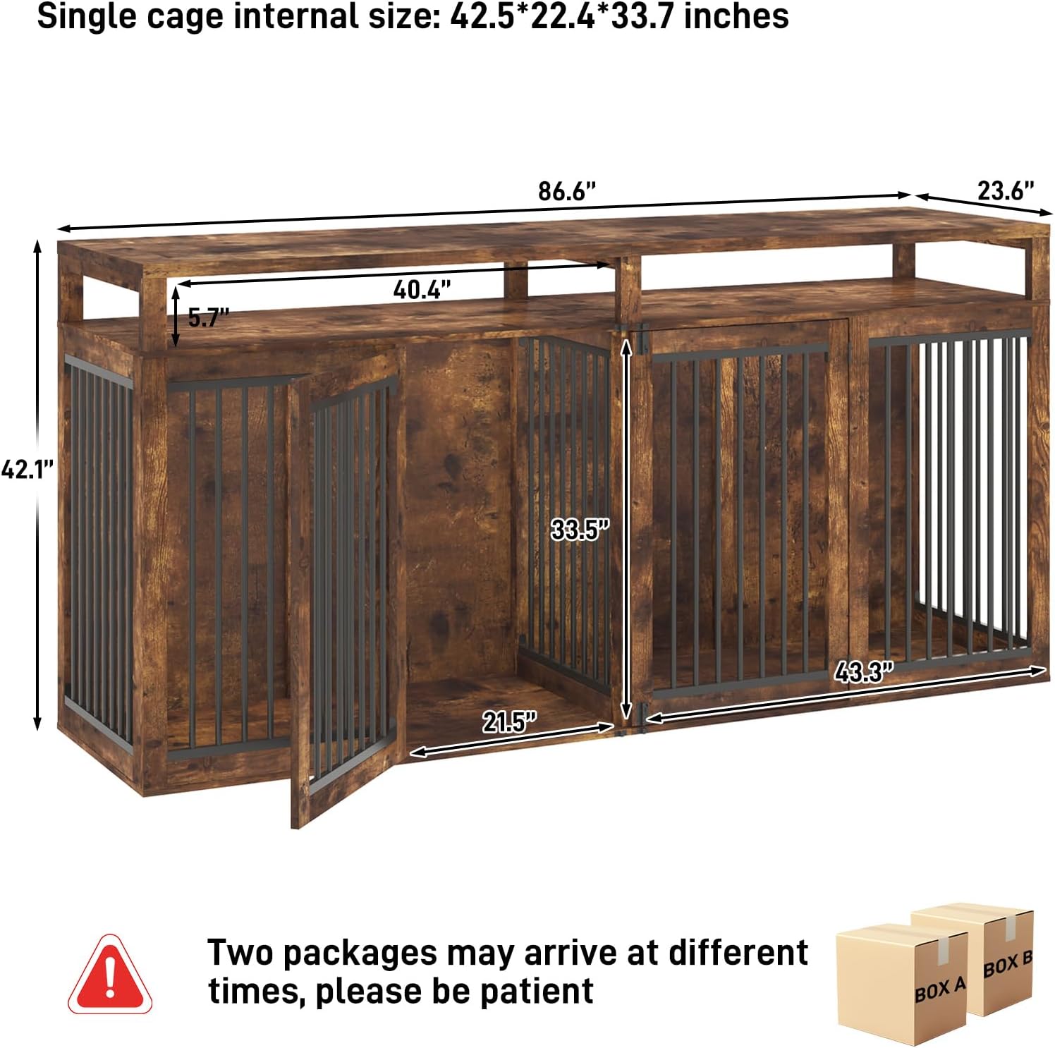 87" Large Farmhouse Dog Crate TV Stand,Wooden Dog Crate Furniture with 4 Lockable Doors/Solid Metal Tube,XL-XXL Heavty Duty Dog Crates Furniture for 2 Medium or Large Dogs,Rustic Brown