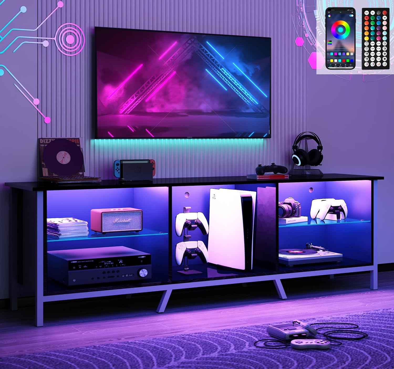 Vinctik 6&Fox 63IN LED TV Stand for 65/70inch TV,High Glossy Black TV Stand for Living Room,Modern Gaming Entertainment Center with Charging Socket,RGB LED Lighting,Modern TV Cabinet