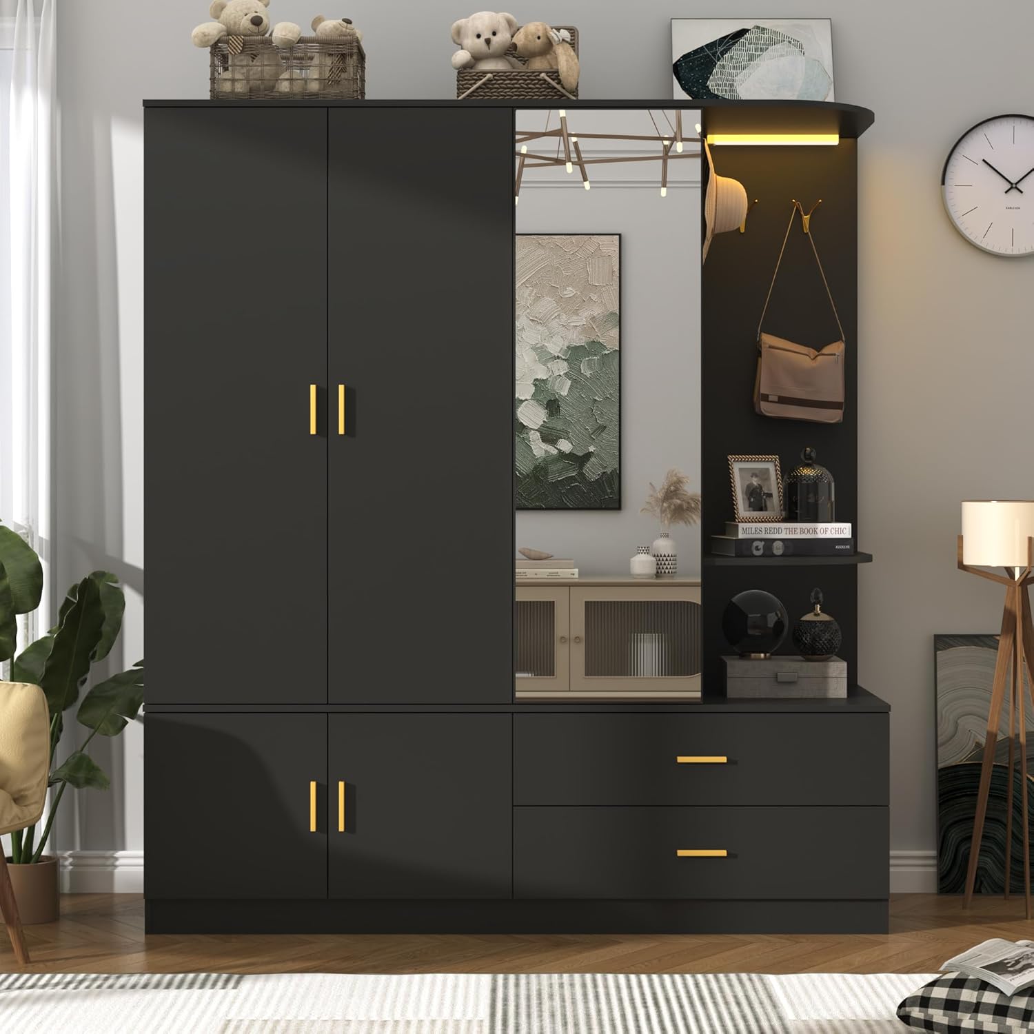 ChVans 71'' Armoire Wardrobe Closet with Mirror and Sensor Light, Modern Large Wooden Armoire Closet with 3 Doors, 2 Drawers, 4 Hooks, 2 Hanging Rods, Open Space for Bedroom