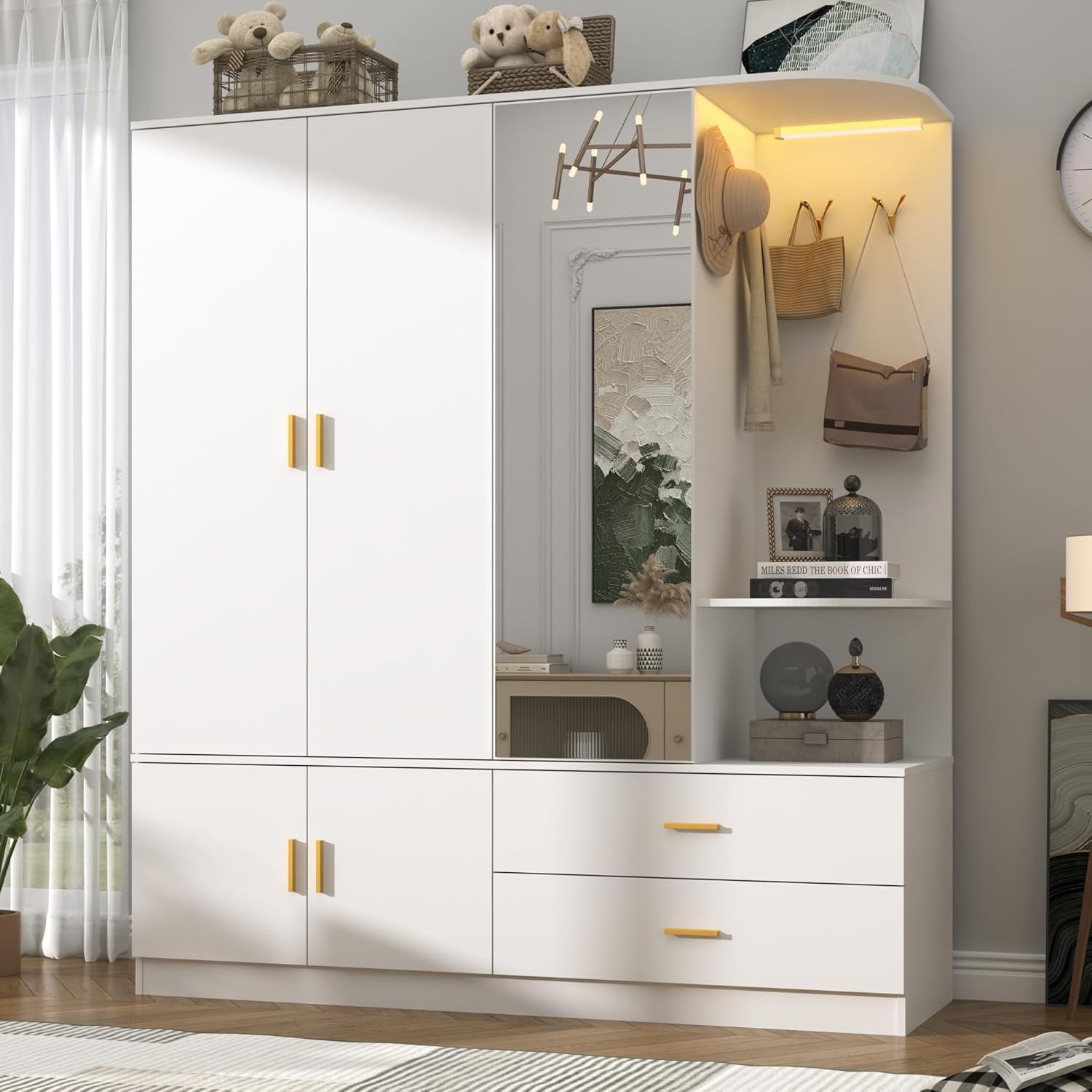 ChVans 71'' Armoire Wardrobe Closet with Mirror and Sensor Light, Modern Large Wooden Armoire Closet with 3 Doors, 2 Drawers, 4 Hooks, 2 Hanging Rods, Open Space for Bedroom